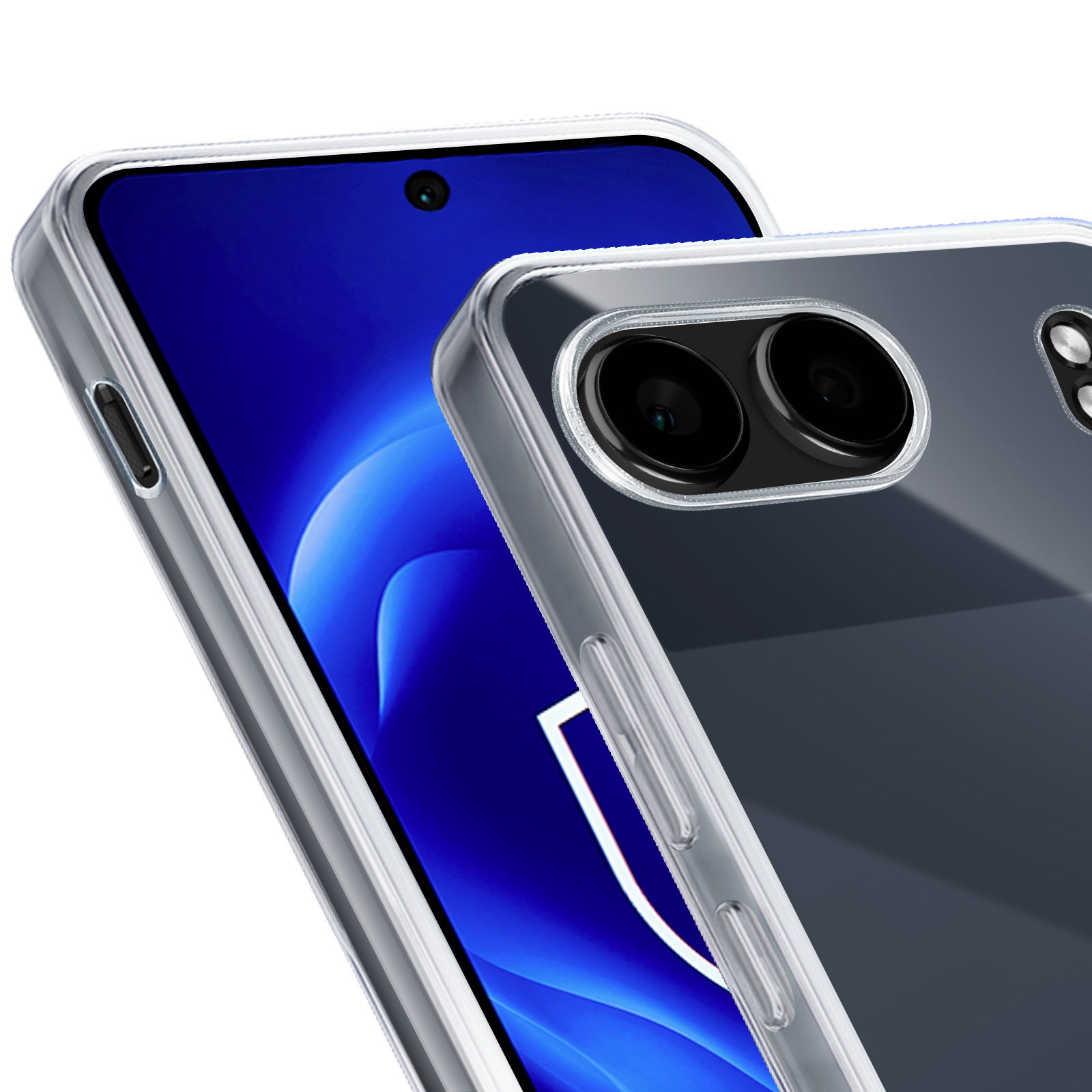 Przezroczyste etui na telefonie. Telefon ma niebieski ekran i obiektywy aparatu.