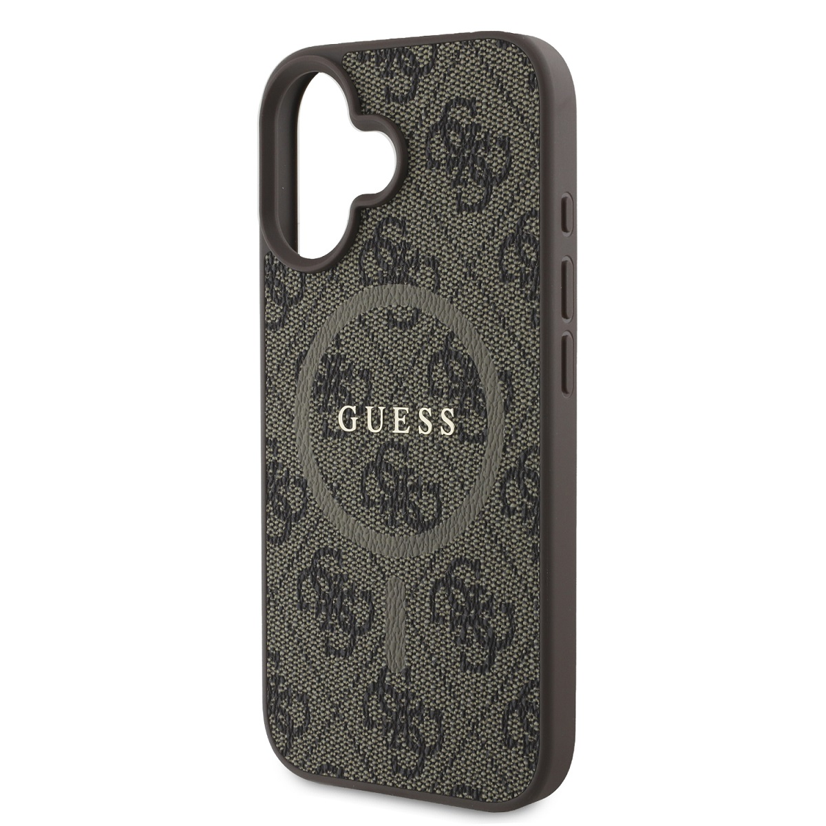 Custodia per telefono Guess con logo. La custodia ha un bordo marrone e un motivo con il logo Guess.