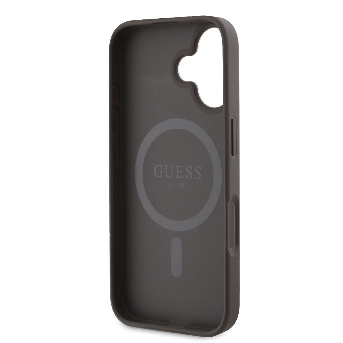 Custodia per telefono grigio scuro con logo GUESS e anello magnetico. È visibile una porta di ricarica.