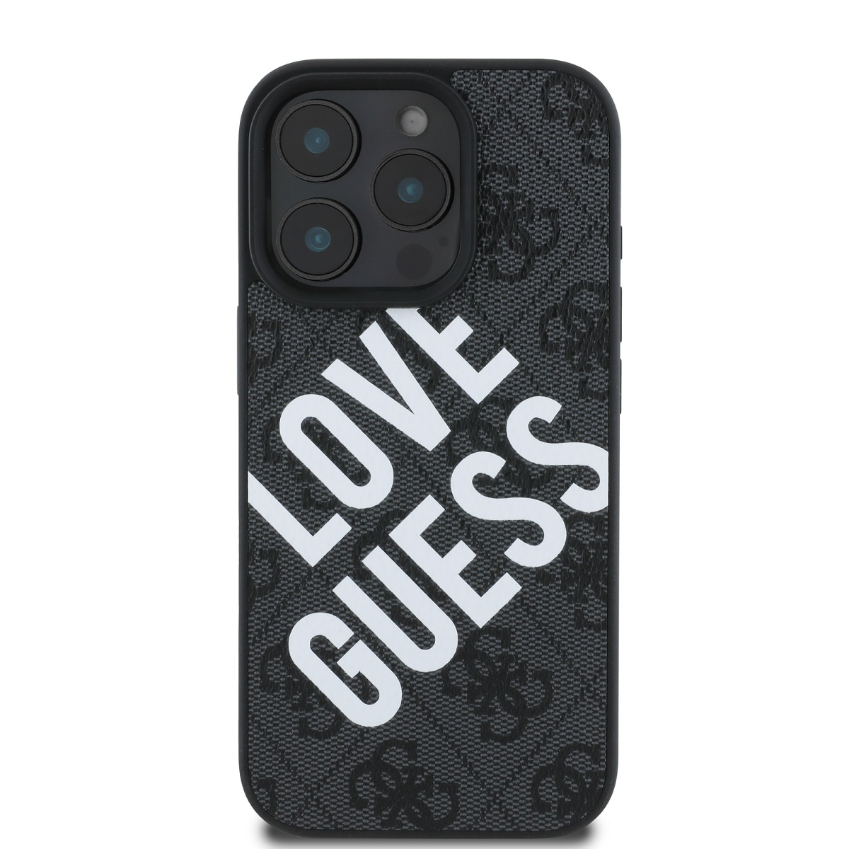 Custodia per telefono con motivo logo Guess e le parole LOVE GUESS in bianco su sfondo nero.