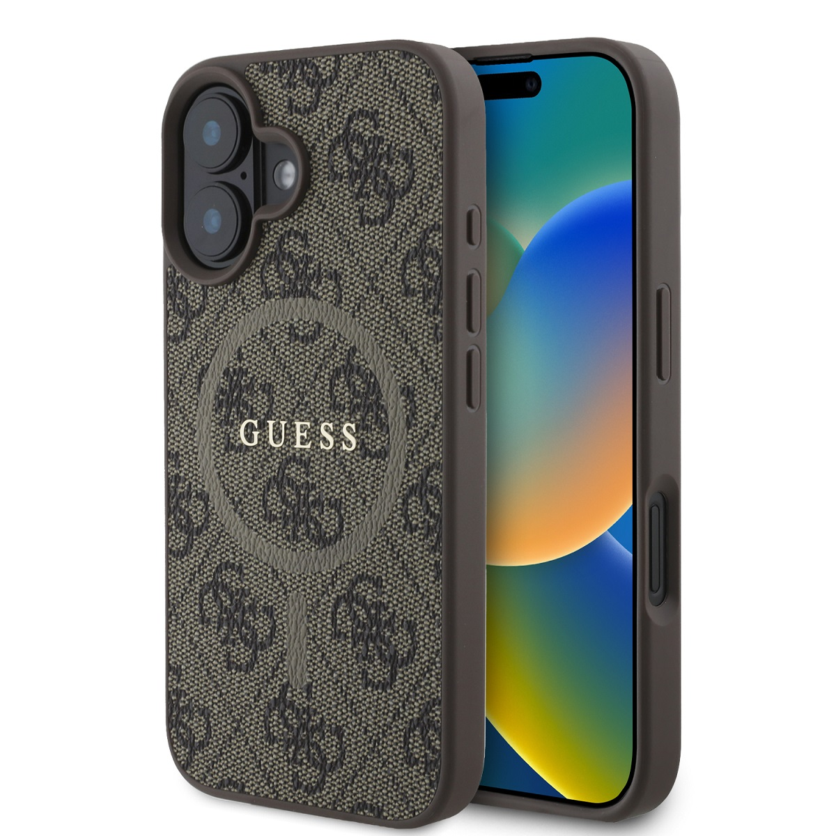 Custodia per telefono con motivo logo Guess marrone. Colori marrone e beige.