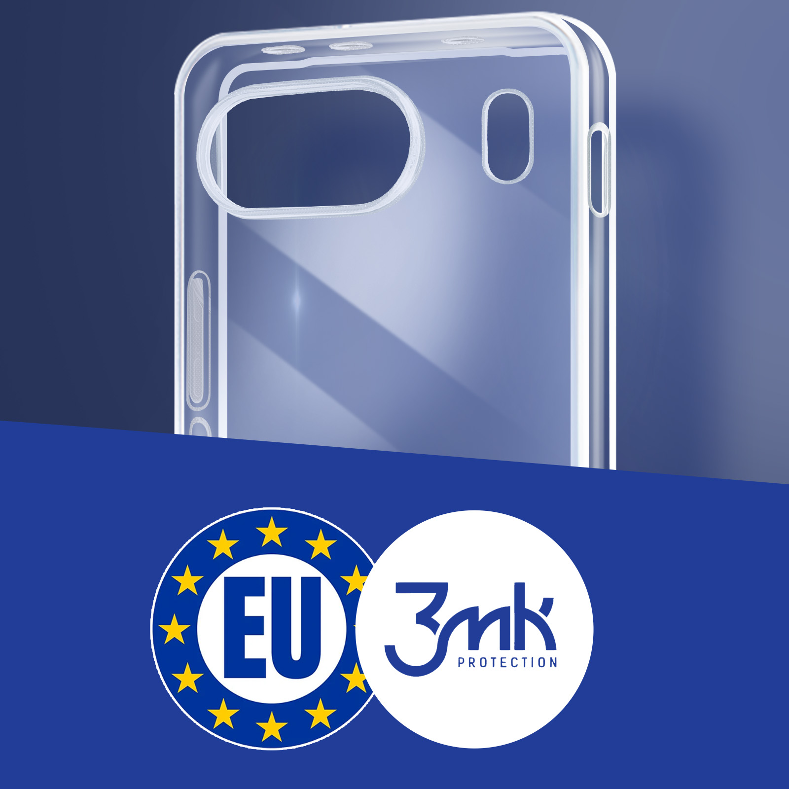 Przezroczyste etui na telefon z logo UE i 3mk Protection. Niebieskie tło.