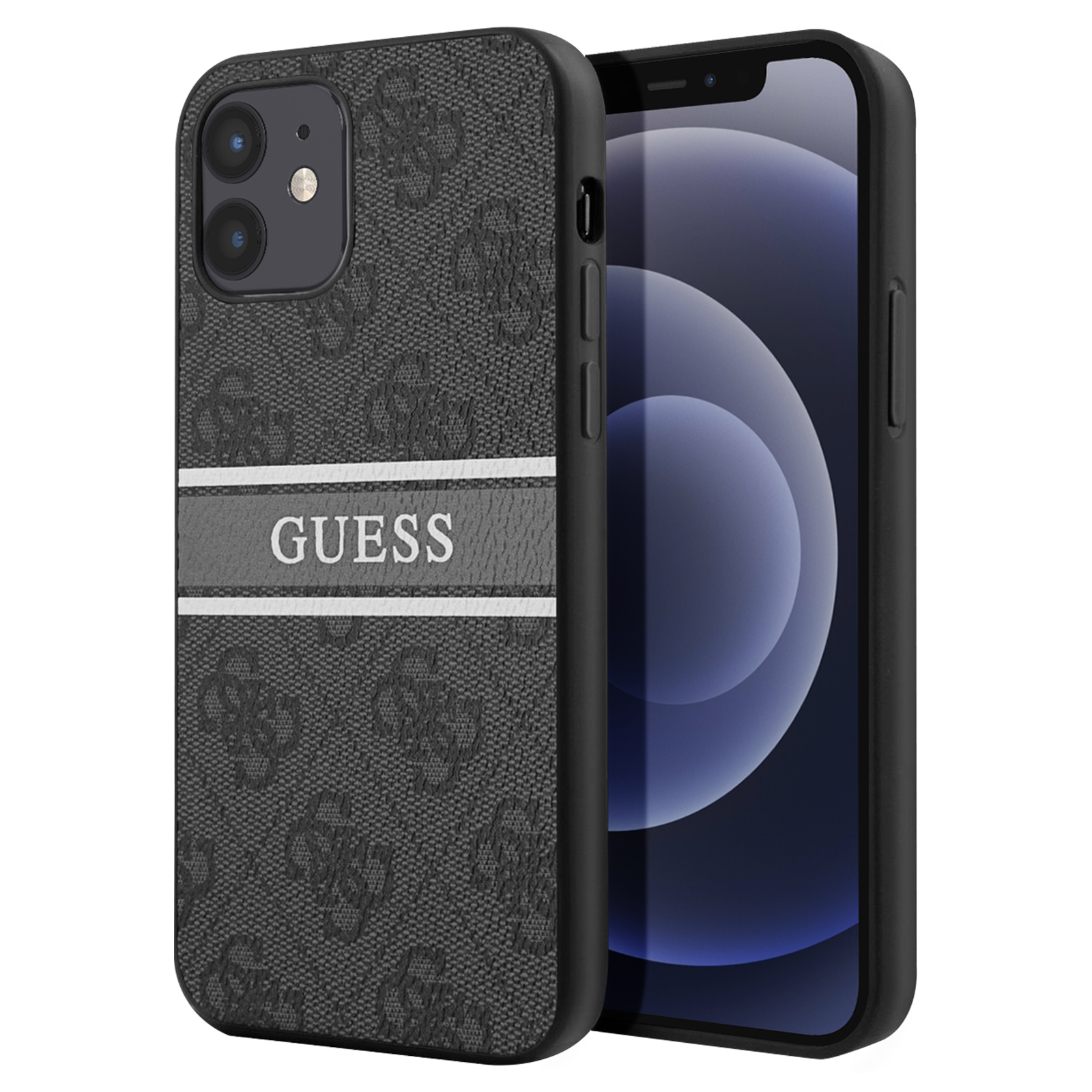 Custodia nera con logo Guess, che tiene un telefono nero.