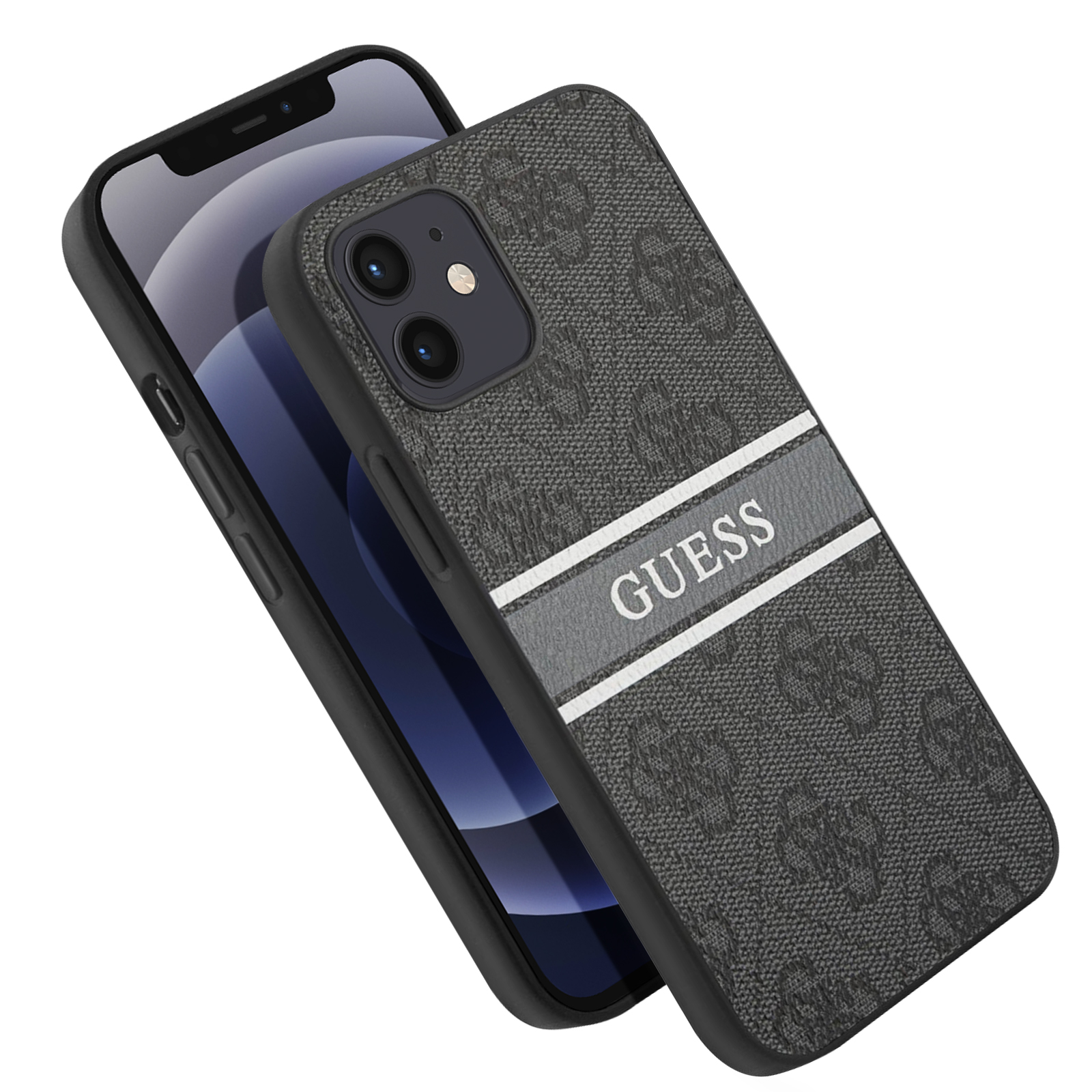 Telefono nero con custodia GUESS, grigio scuro con motivo logo e una striscia bianca.