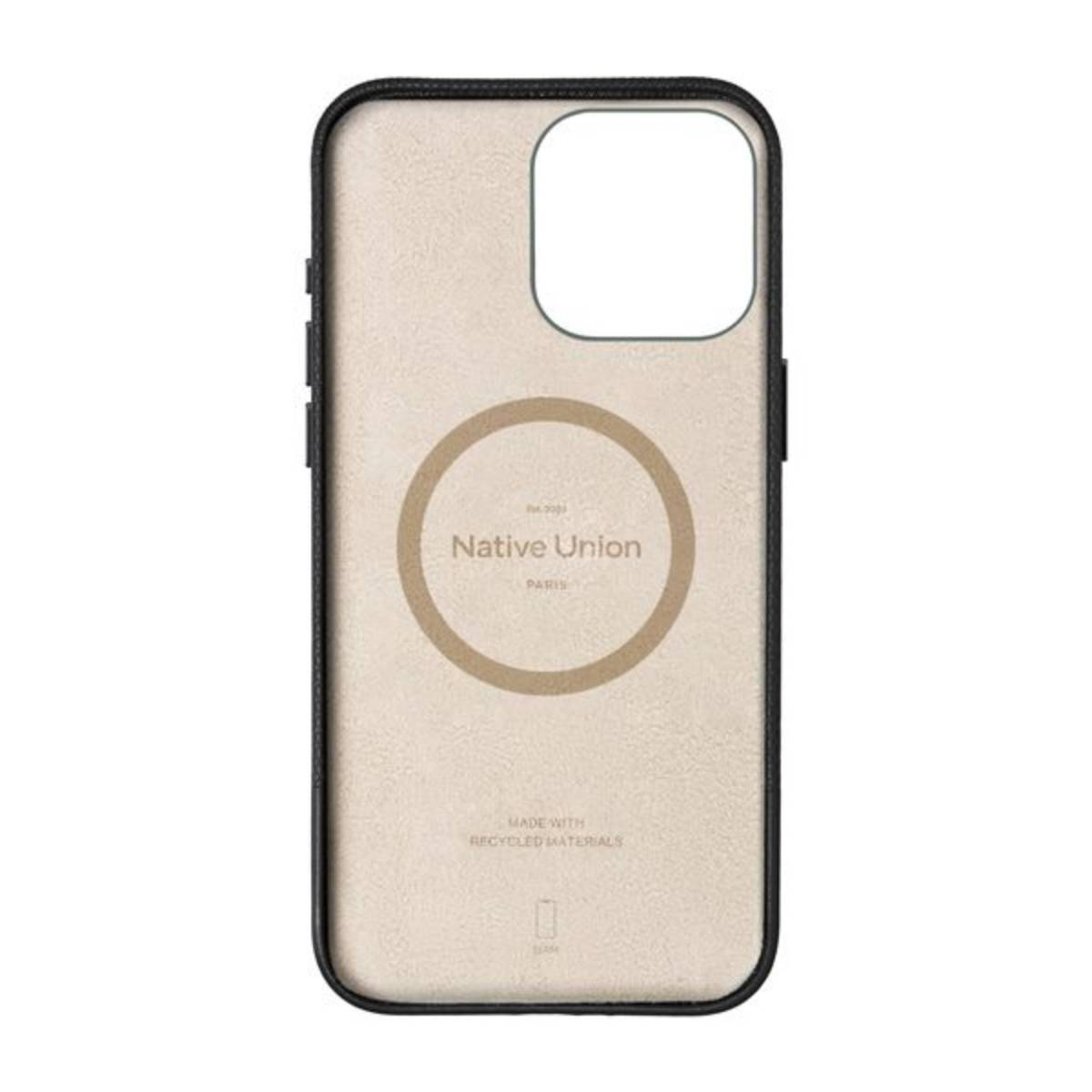 Custodia per telefono con logo Native Union e cerchio. Sfondo beige. Bordo nero.