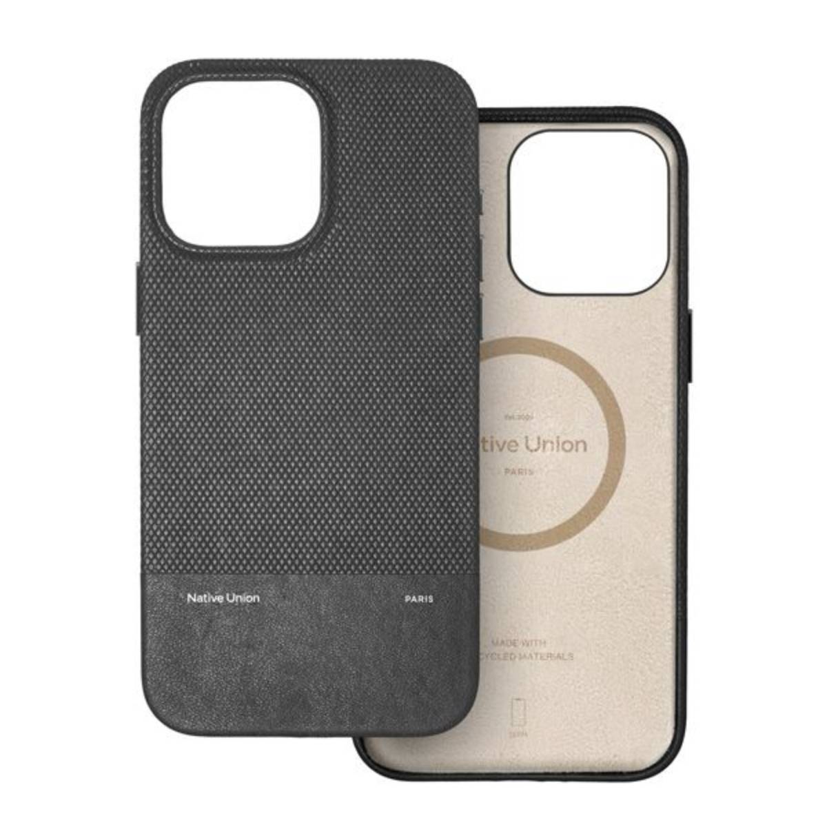 Una custodia per telefono con un design a rete grigio scuro e una parte inferiore simile alla pelle. La custodia ha