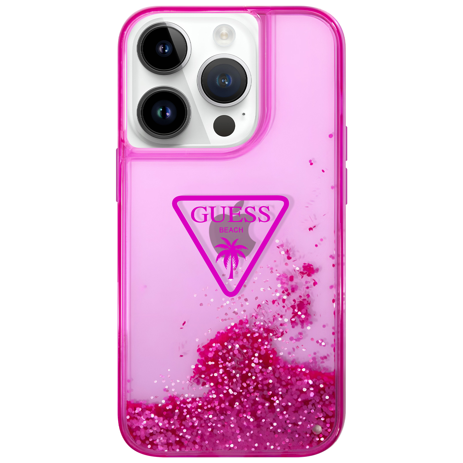 Custodia rosa con glitter e logo 'GUESS BEACH'. Custodia trasparente, con base glitterata rosa.