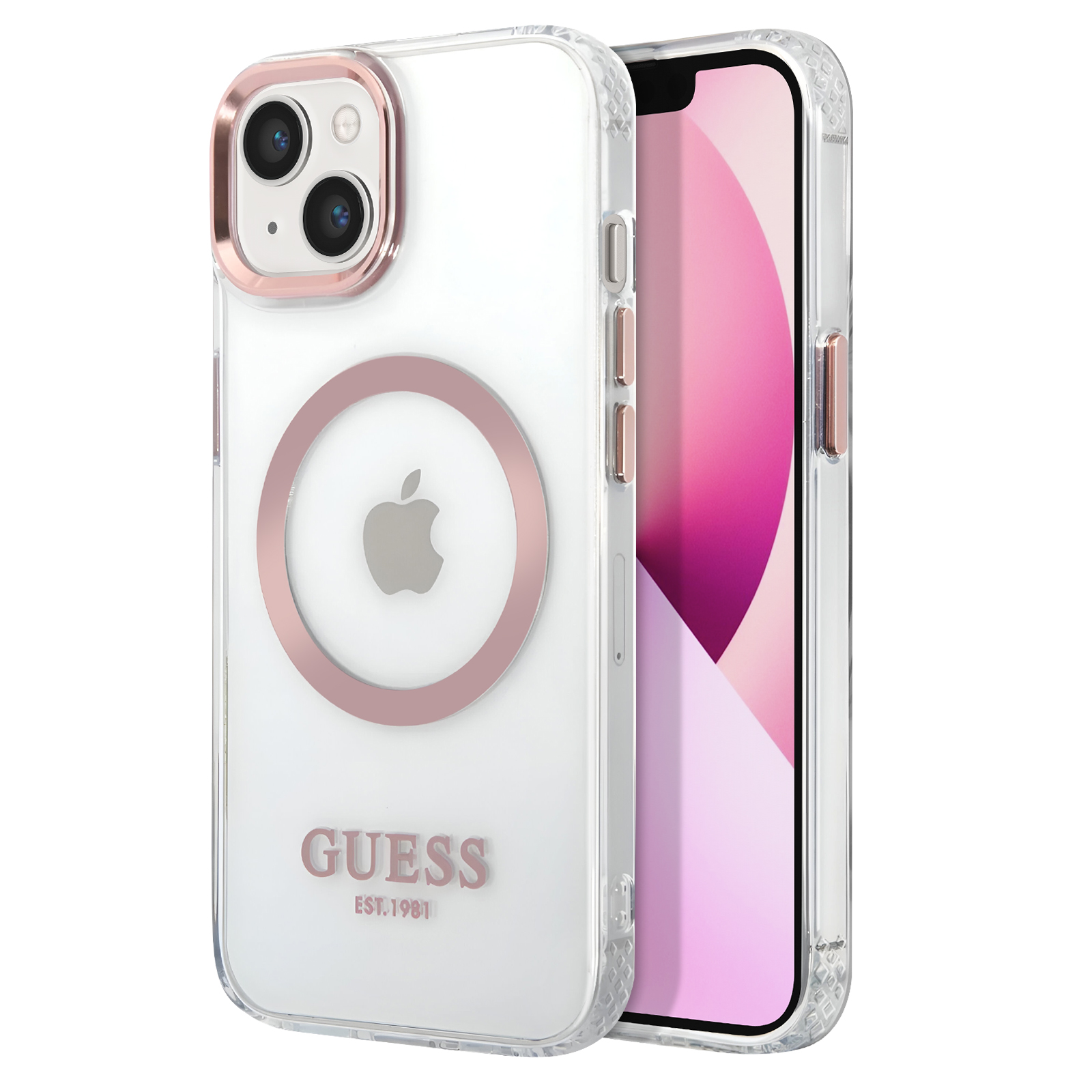 Custodia trasparente e oro rosa con logo Apple e marchio Guess.