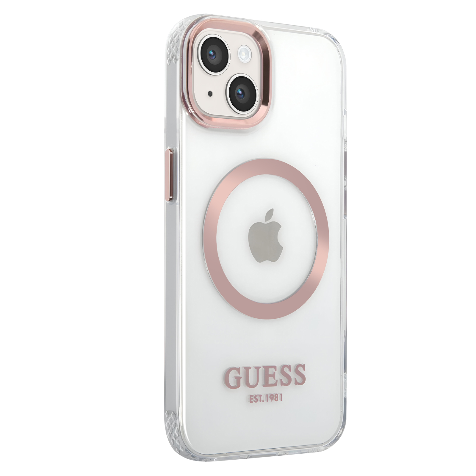 Custodia trasparente per telefono con cerchio oro rosa, un telefono all'interno. La custodia ha il marchio 'GUESS'.