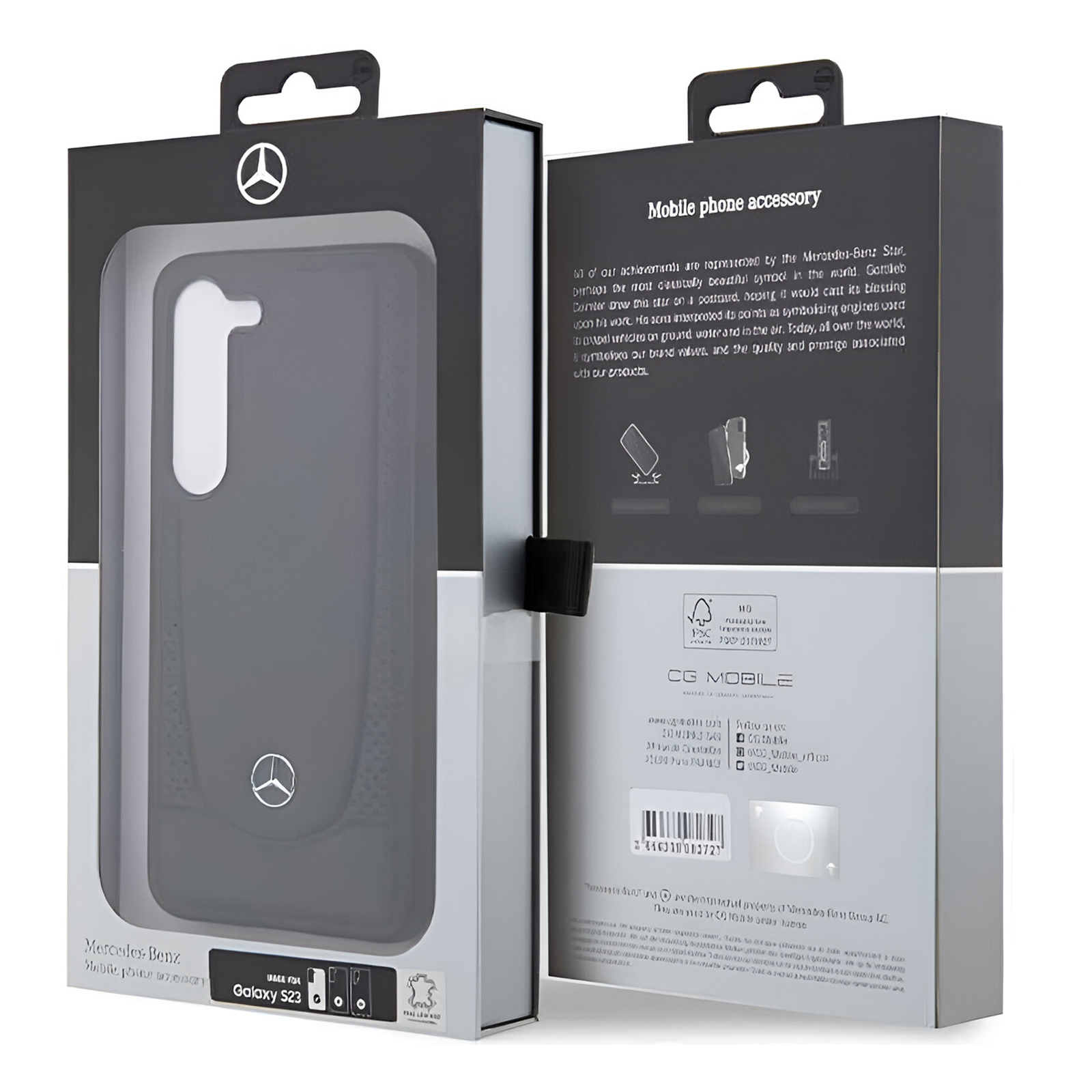 Verpackung für Handyhülle mit Text, Telefon und Hülle.