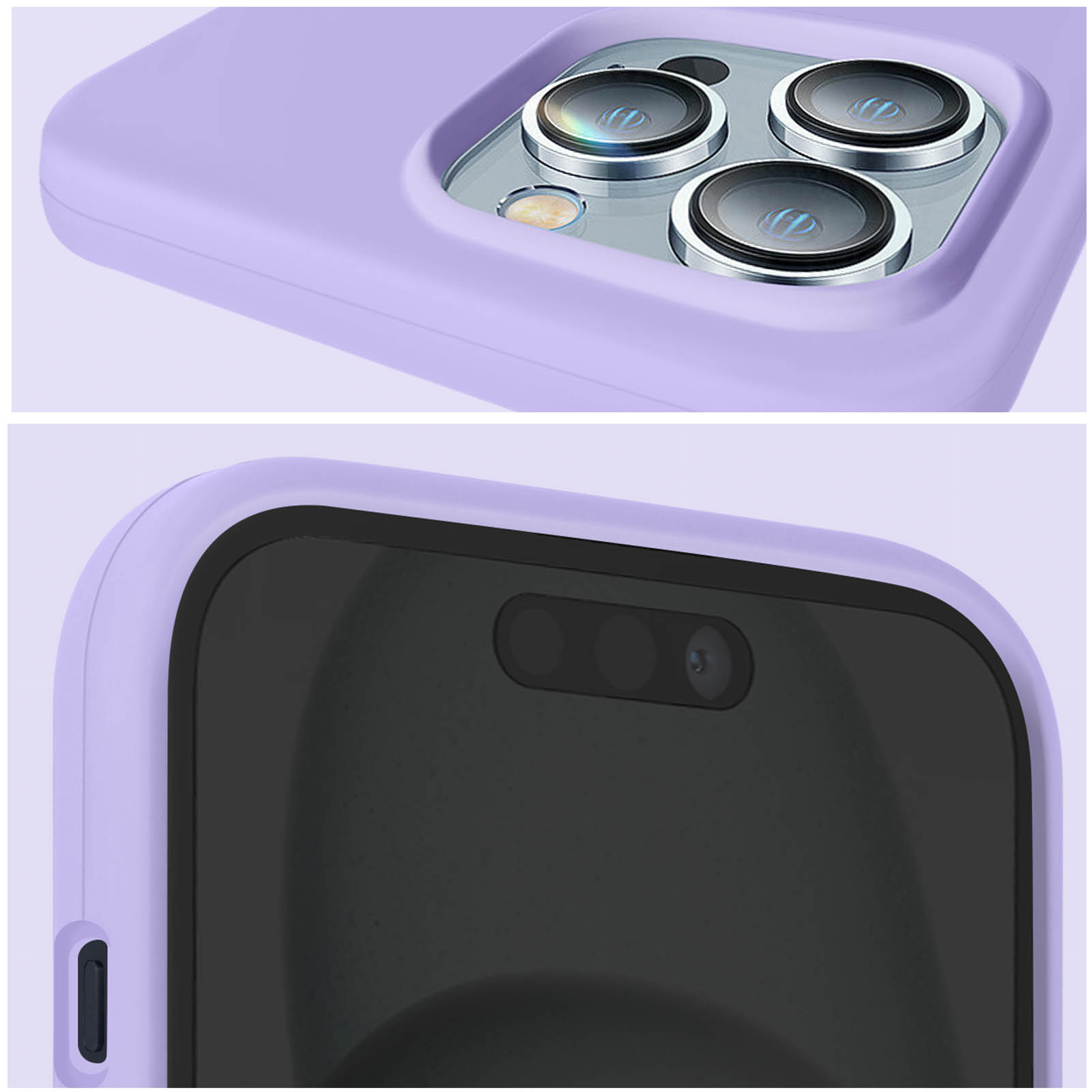 Un telefono e una custodia viola, che mostra le fotocamere del telefono e l'area della fotocamera anteriore.