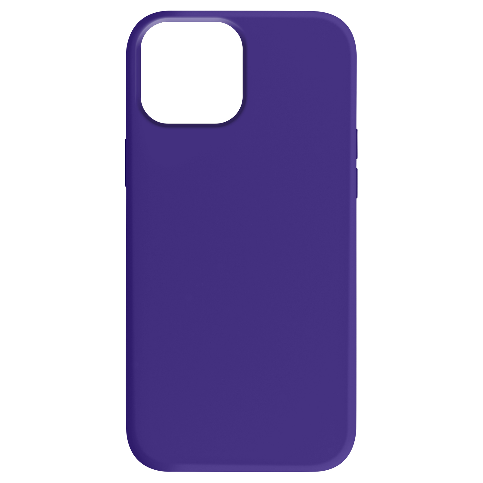 Custodia viola per telefono. Ha un foro per la fotocamera e pulsanti laterali. Lo sfondo è bianco.