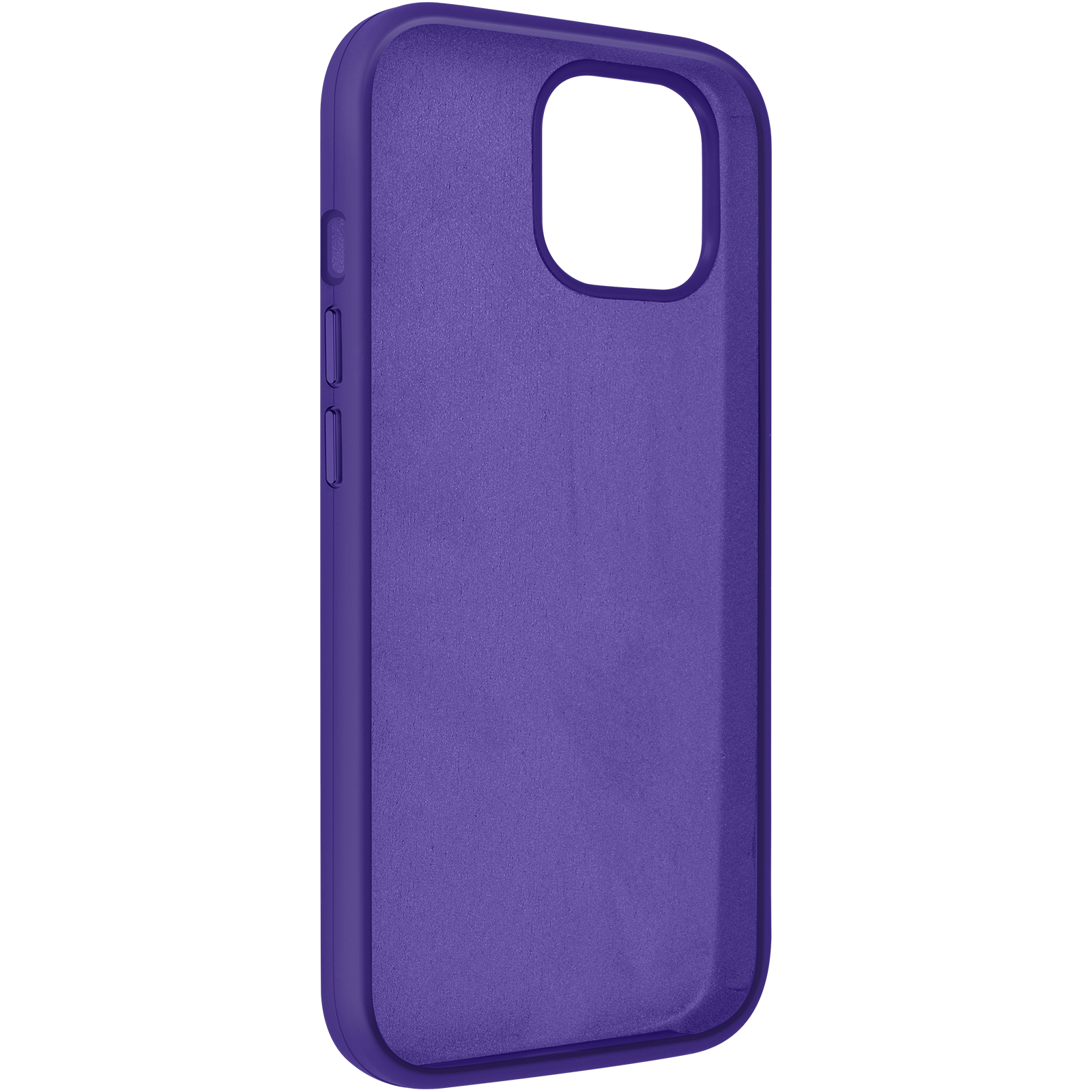 Una custodia viola con ritaglio per fotocamera e incavi per i pulsanti.