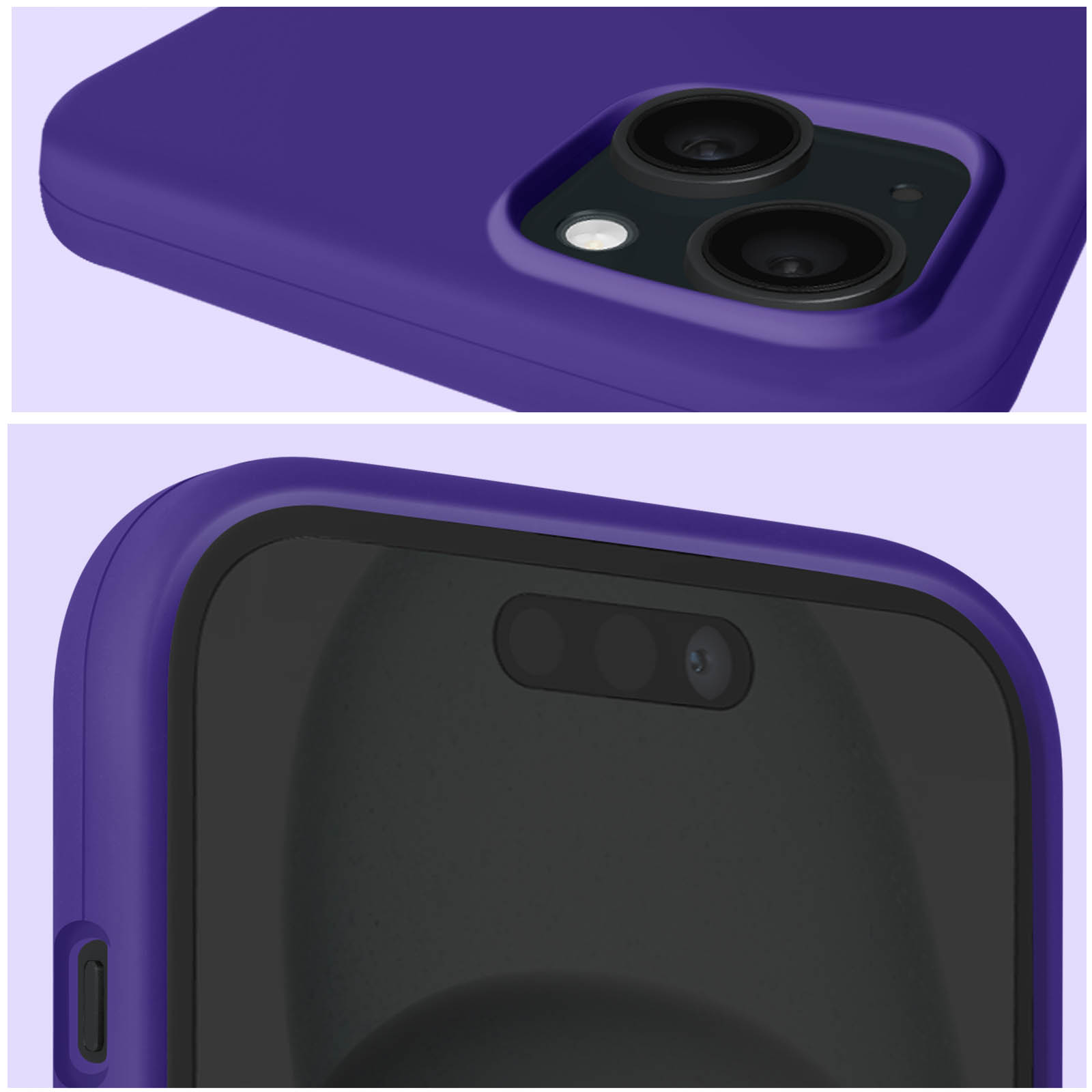 Due angolazioni di una custodia viola per telefono. La parte superiore mostra le lenti della fotocamera, quella inferiore, la serie di fotocamere anteriori.