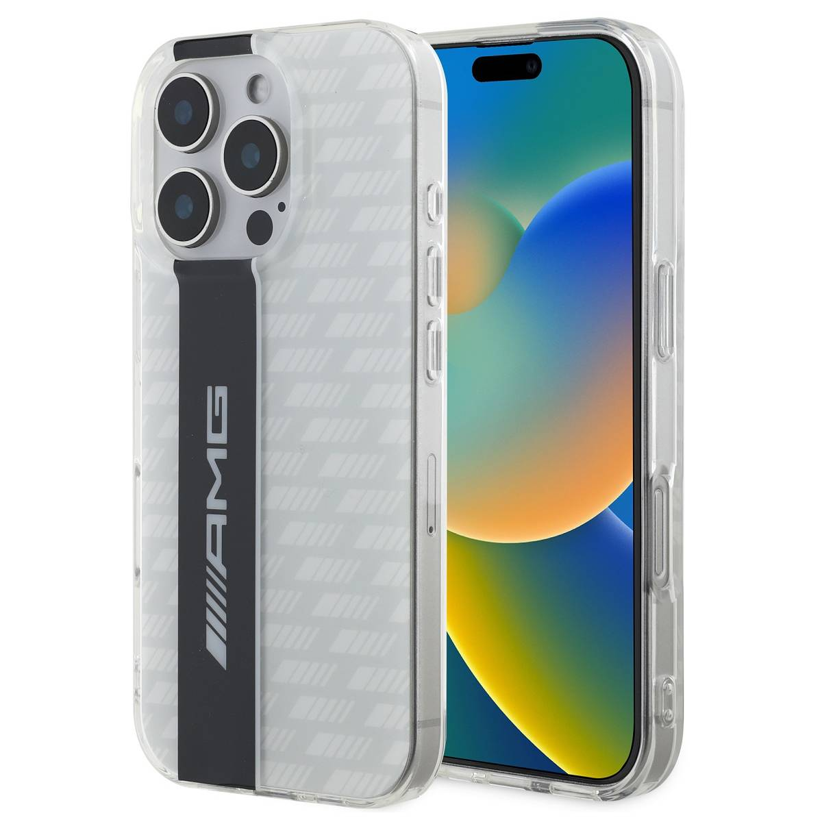 Telefono in una custodia trasparente con logo AMG e design a strisce bianche. Telefono su superficie bianca.