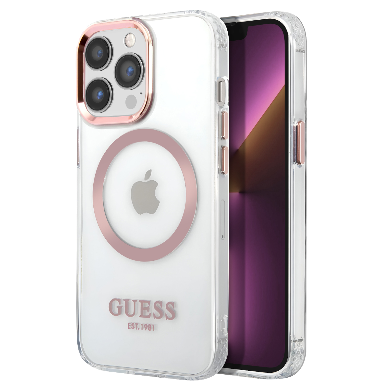 Custodia trasparente su un telefono con un anello rosa attorno al logo Apple, testo GUESS.