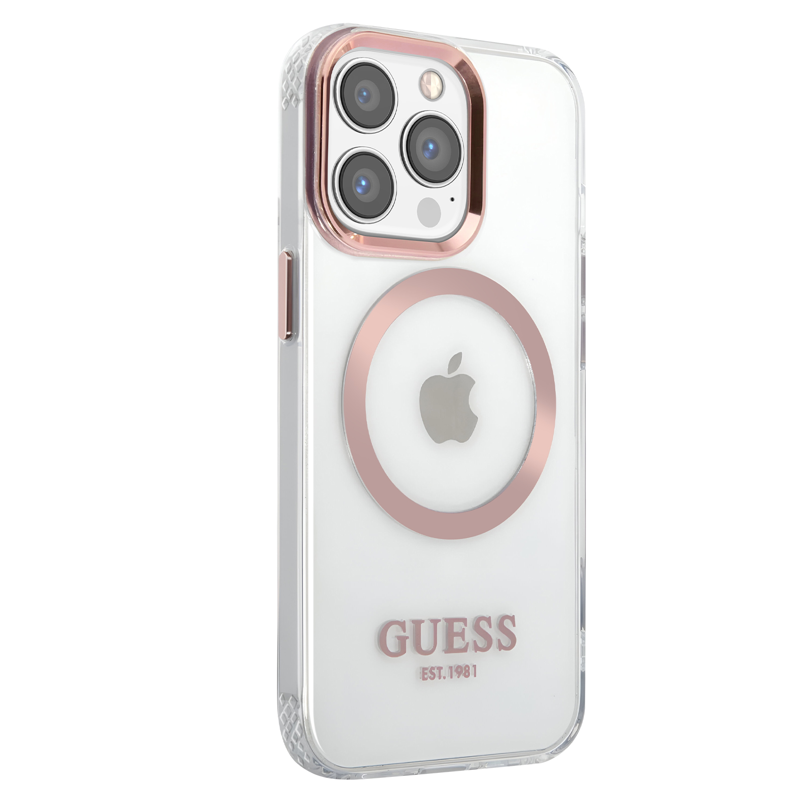 Custodia trasparente con anello oro rosa e logo Guess. Logo Apple visibile.