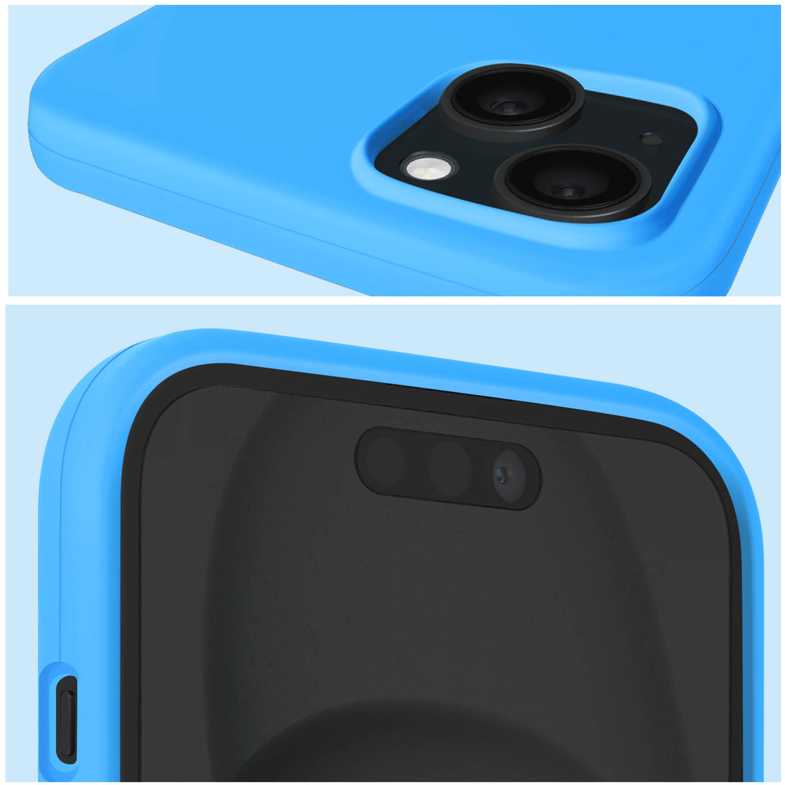Primo piano della custodia del telefono. Custodia blu con schermo nero. Vista dettagliata delle fotocamere.