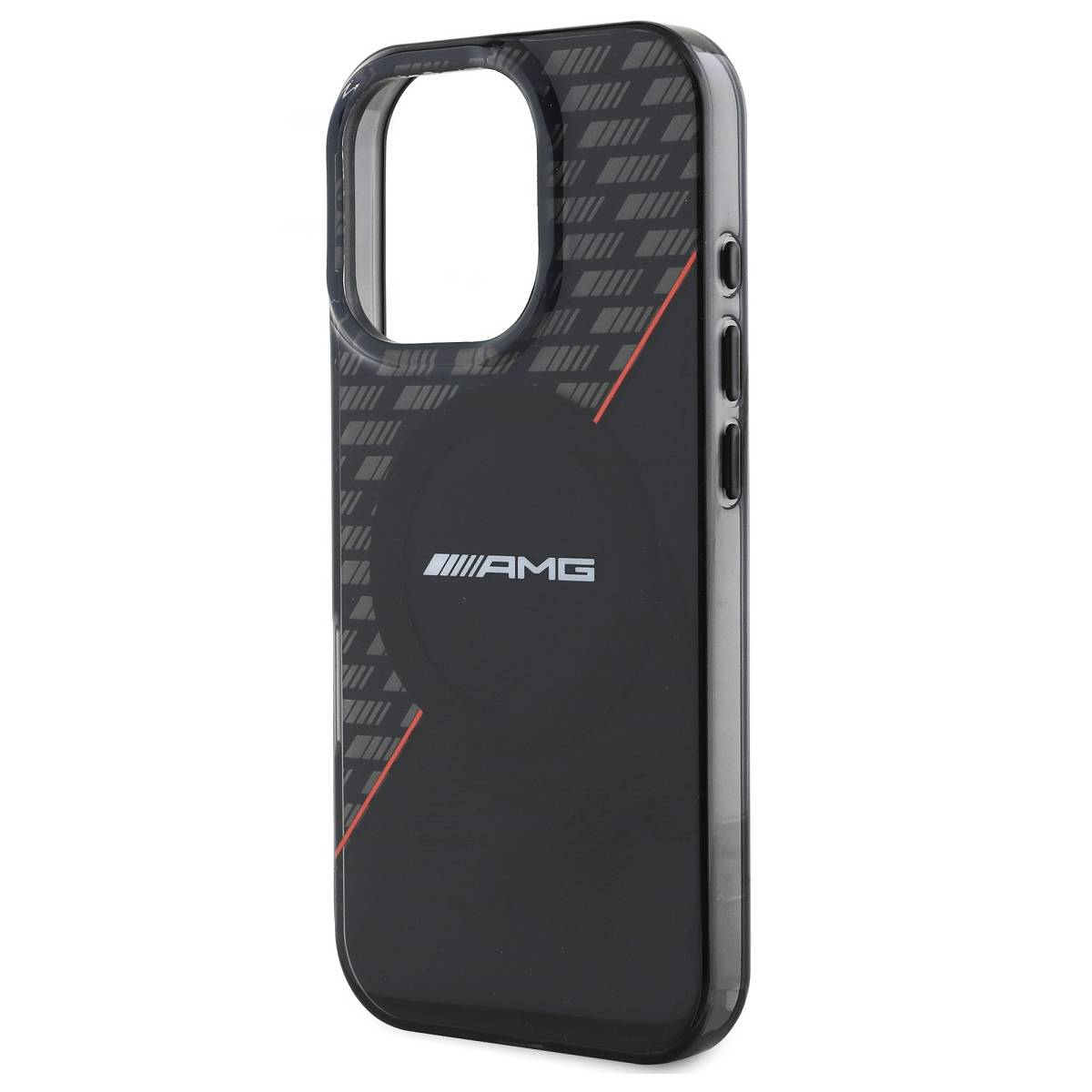 Custodia nera per telefono con logo AMG e strisce diagonali.
