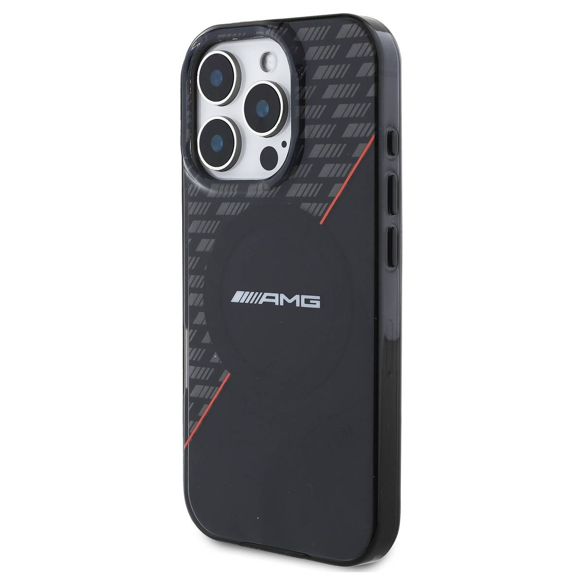 Custodia nera per telefono con logo AMG, striscia rossa e motivo geometrico.