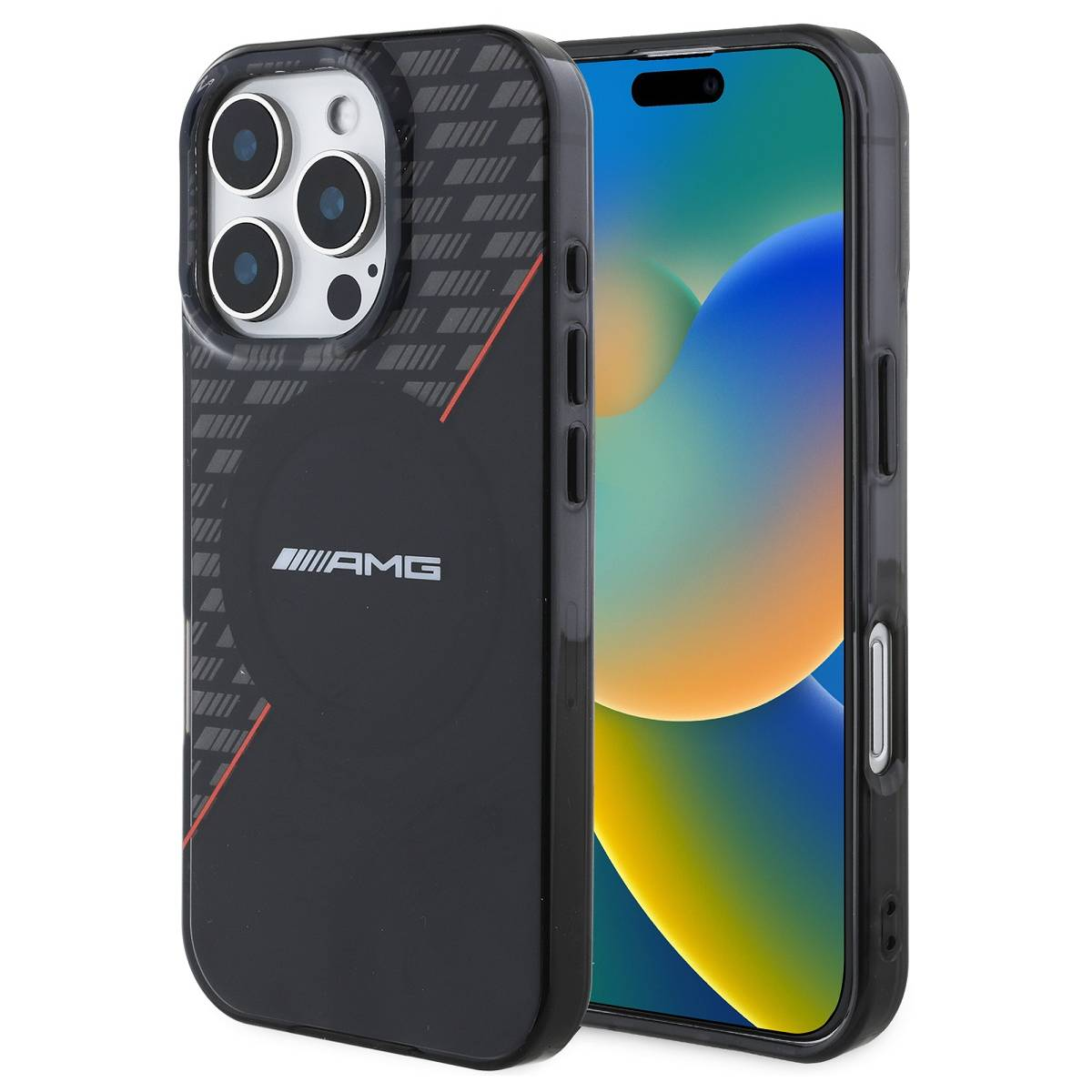 Una custodia per telefono nera con un design AMG, con sfondo nero, accenti rossi e un telefono.