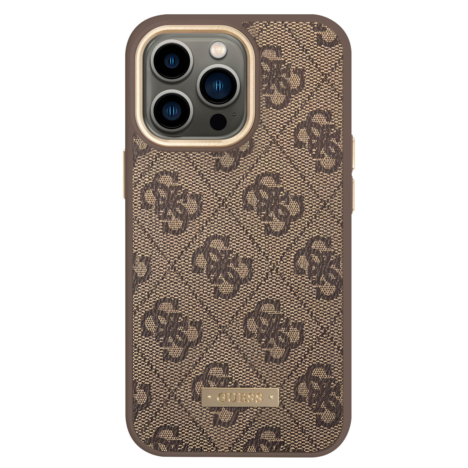 Custodia per telefono con motivo logo GUESS marrone.