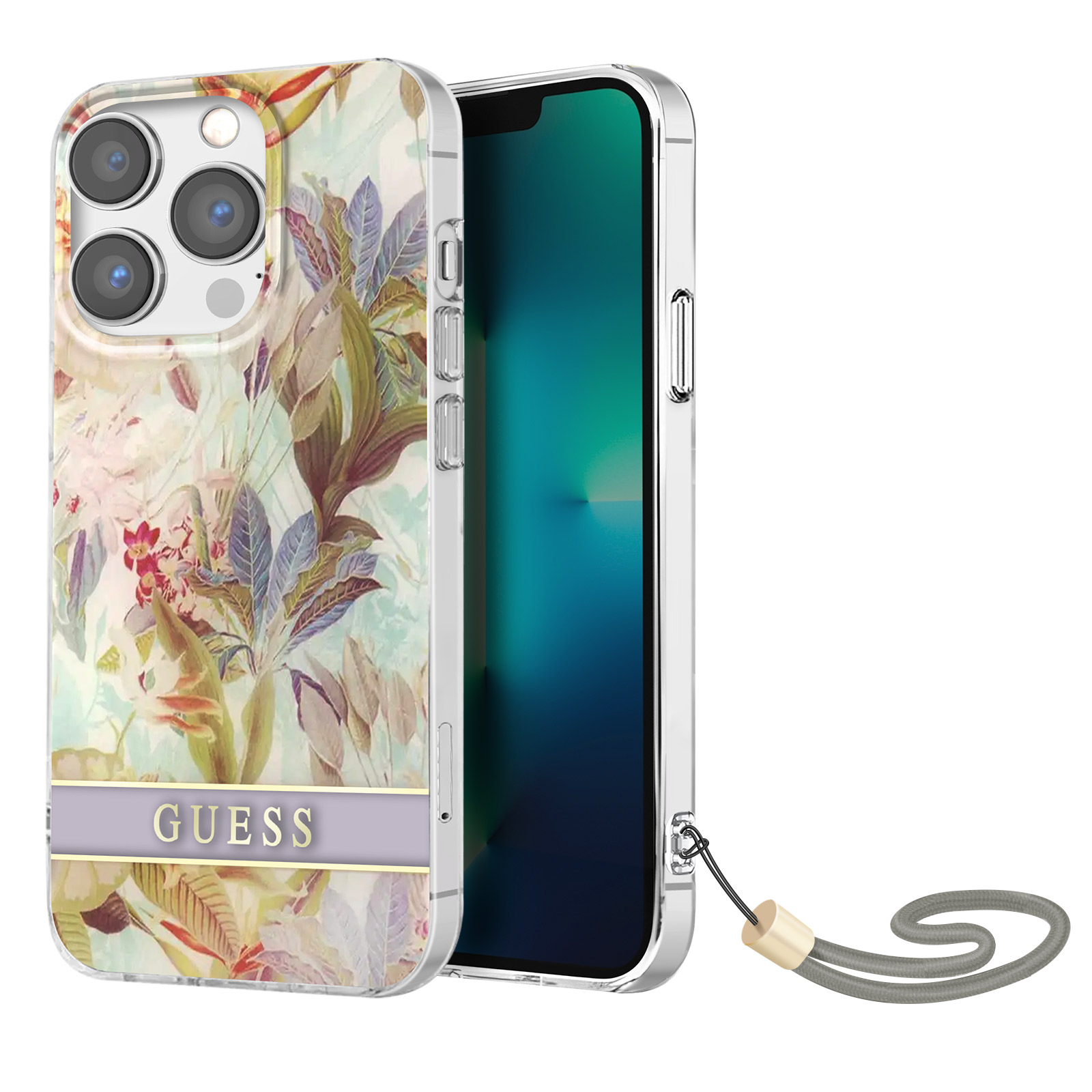 Telefono con custodia floreale, cinturino e marchio Guess. Lo schermo è visibile.