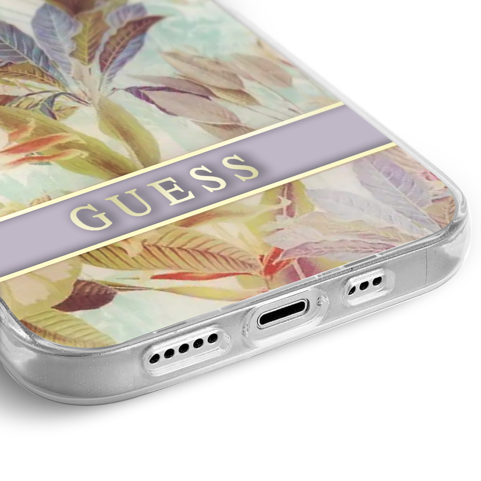 Primo piano di una custodia per telefono con design floreale e la scritta GUESS.