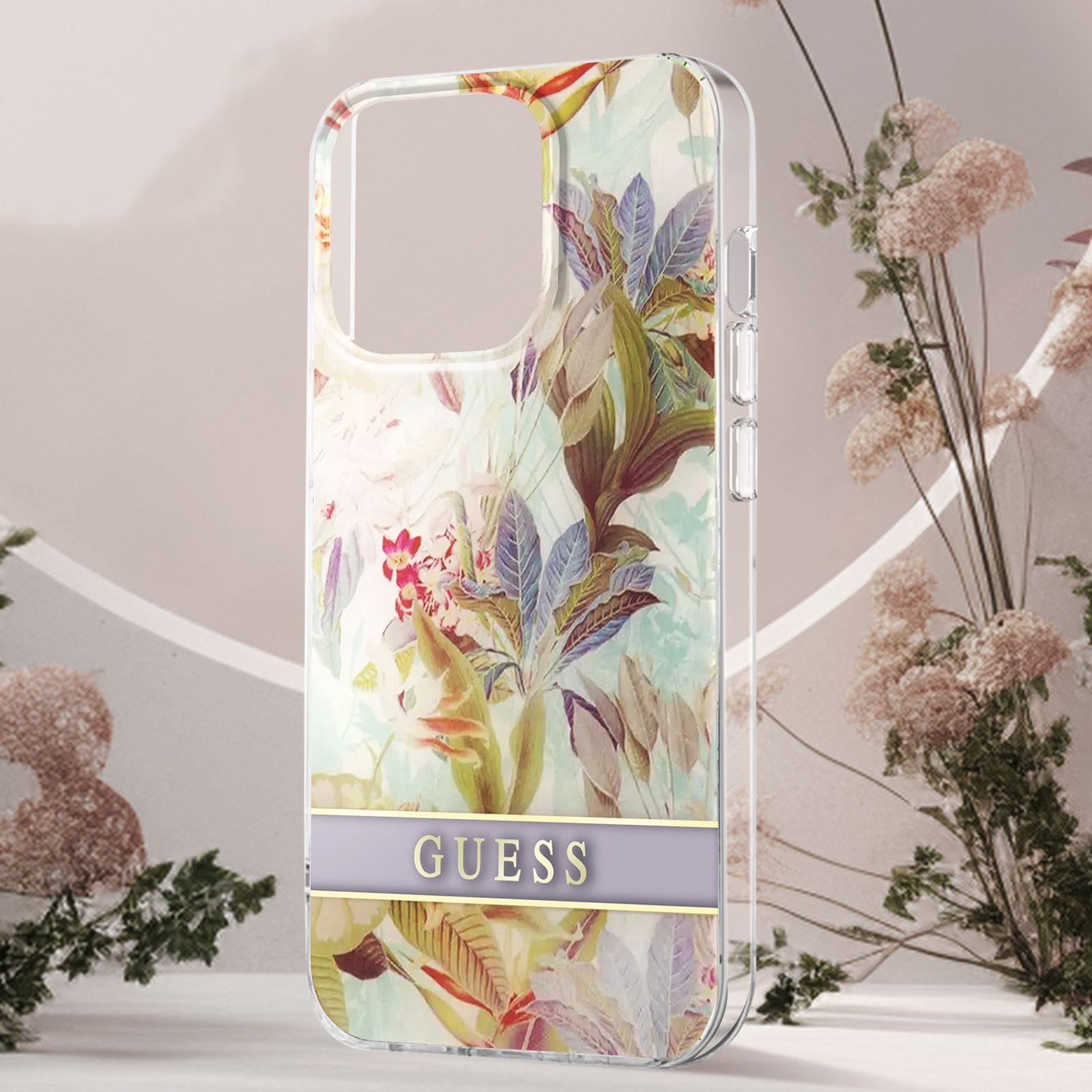 Custodia floreale con logo Guess, trasparente e fantasia floreale colorata.