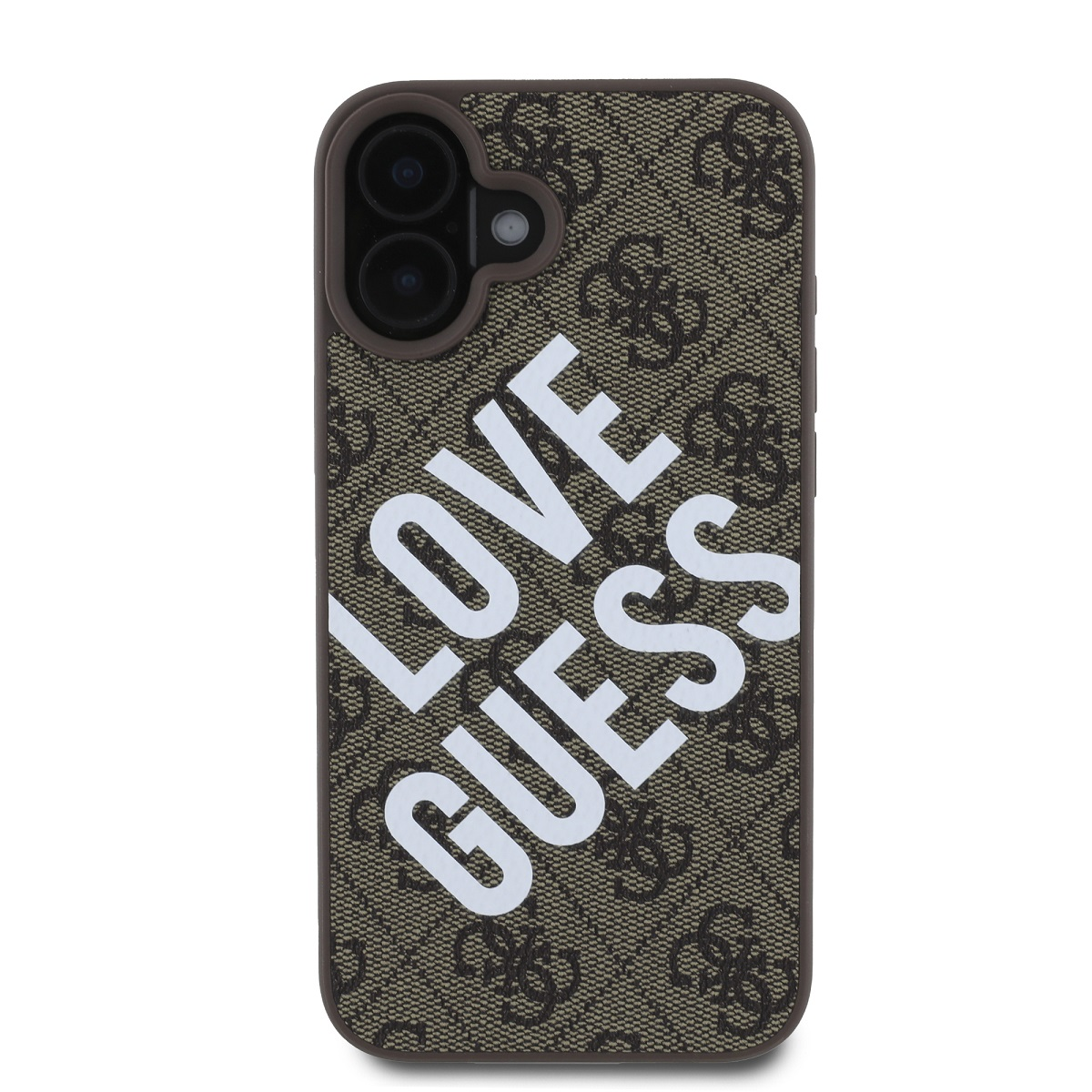 Custodia con LOVE GUESS in testo bianco su sfondo marrone a fantasia.