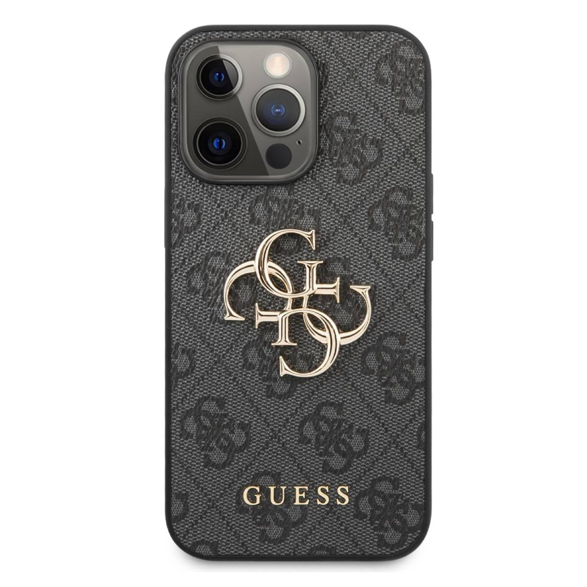 Dunkle Handyhülle mit Guess-Logo-Muster und goldenem Guess-Emblem.