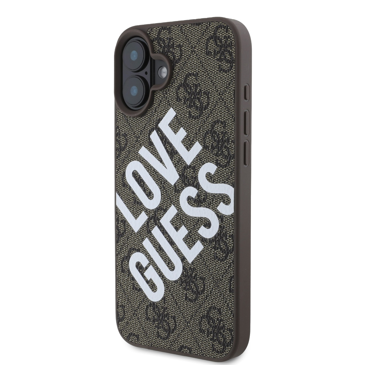 Una custodia per telefono con un motivo Guess e le parole LOVE GUESS in bianco, su uno sfondo verde scuro.