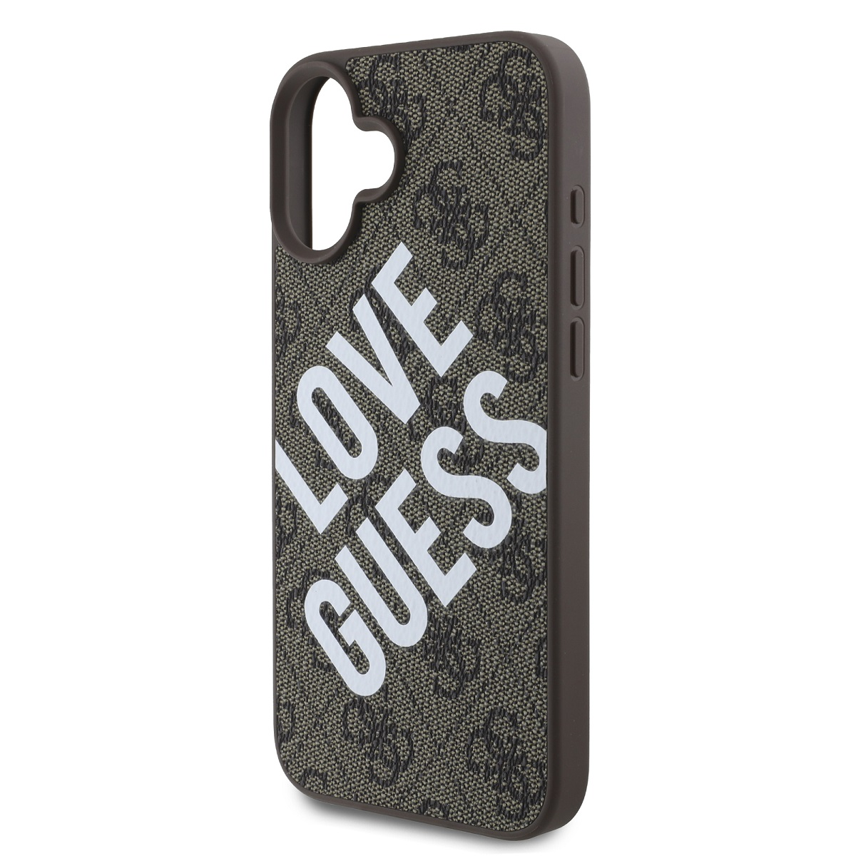 Custodia per telefono con testo 'LOVE GUESS'. La custodia ha un design marrone e grigio con un logo.