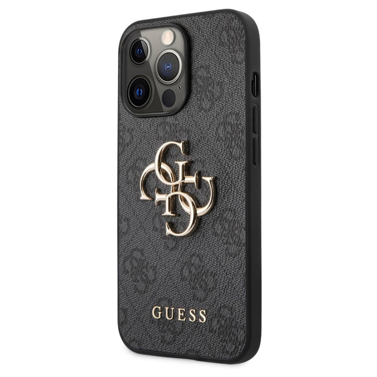 Schwarze Handyhülle mit goldenem Guess-Logo, gemustertes Design. Das Gehäuse befindet sich auf einer weißen Oberfläche.