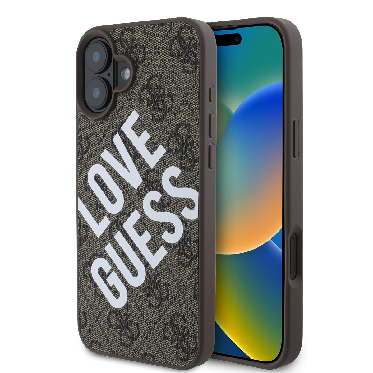 Telefono con custodia Guess, motivo verde oliva, testo bianco e bordi marrone scuro.