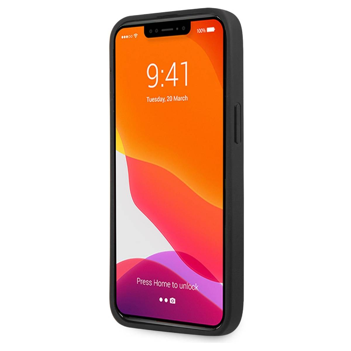 Telefon mit schwarzer Hülle und orangefarbenem Bildschirm, weißer Hintergrund.