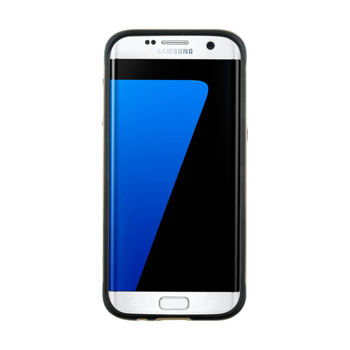 Telefono bianco e nero con custodia nera. Lo schermo è blu e nero.