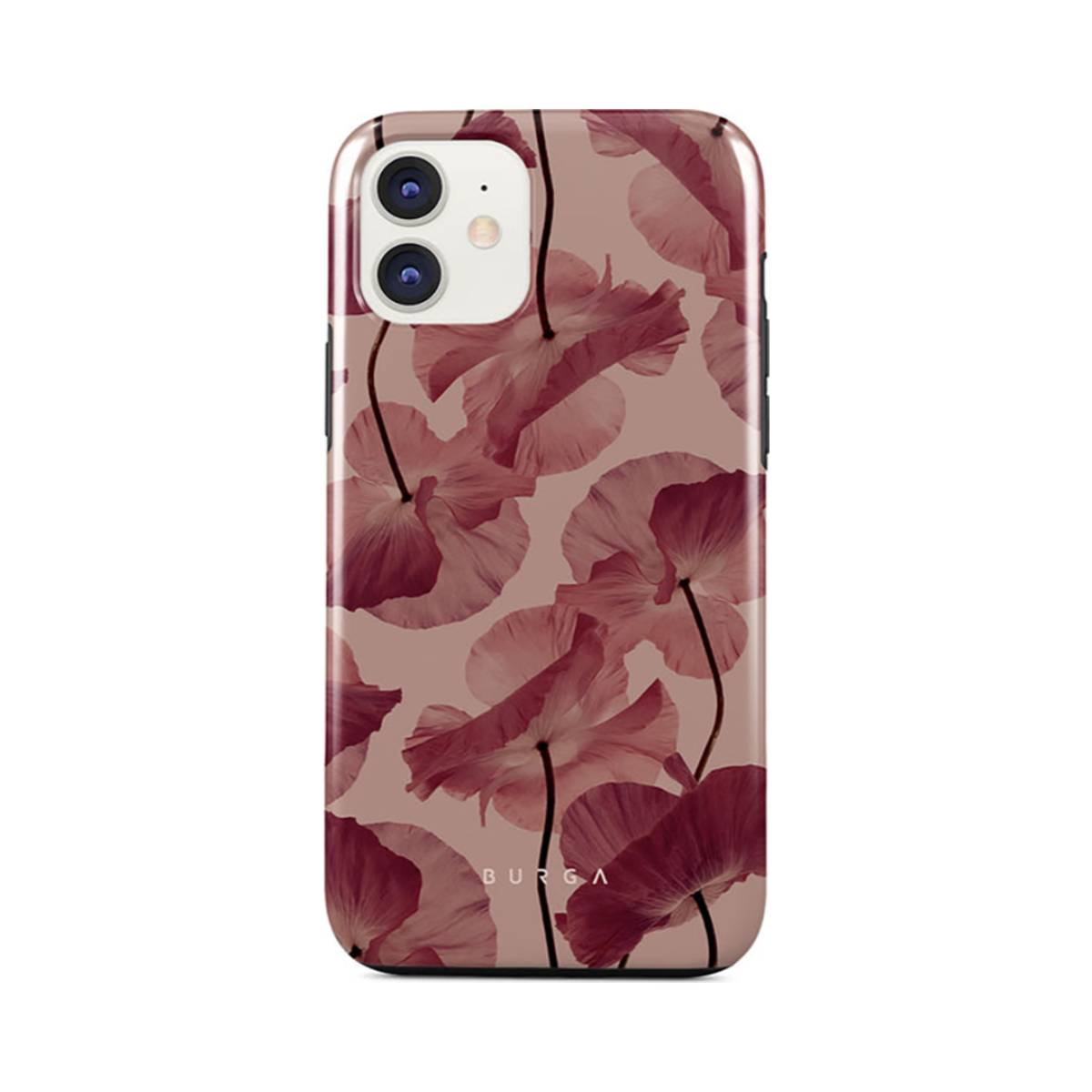 Custodia per telefono con motivo floreale. Fiori rosa su sfondo marrone chiaro.