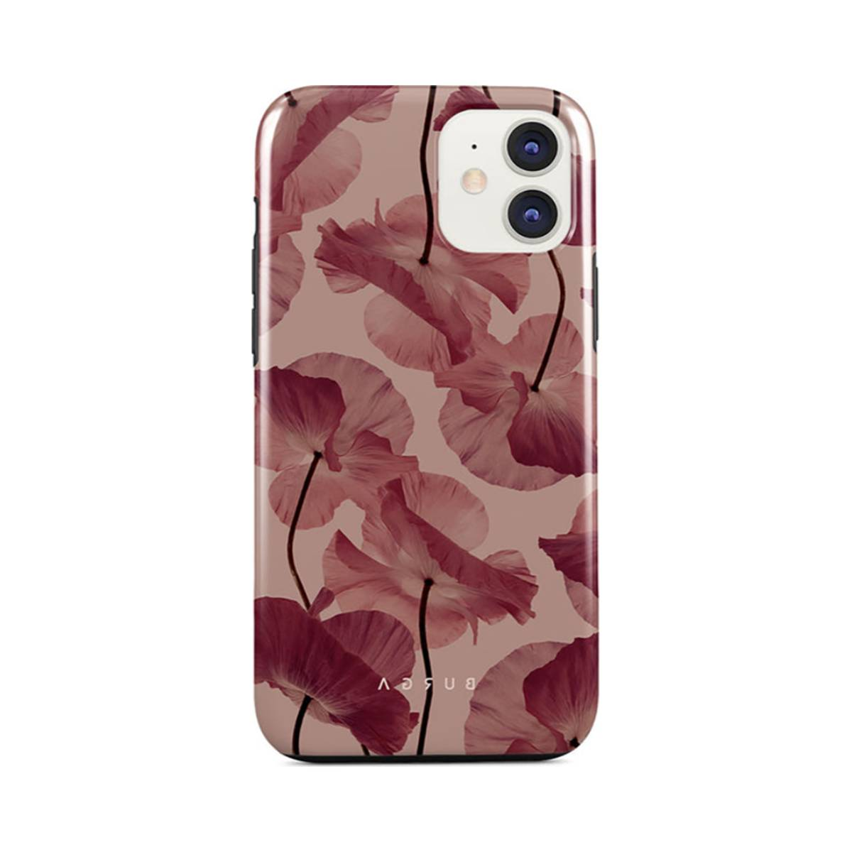 Custodia per telefono con motivo floreale. Fiori rossi su sfondo beige. La fotocamera del telefono è in alto.