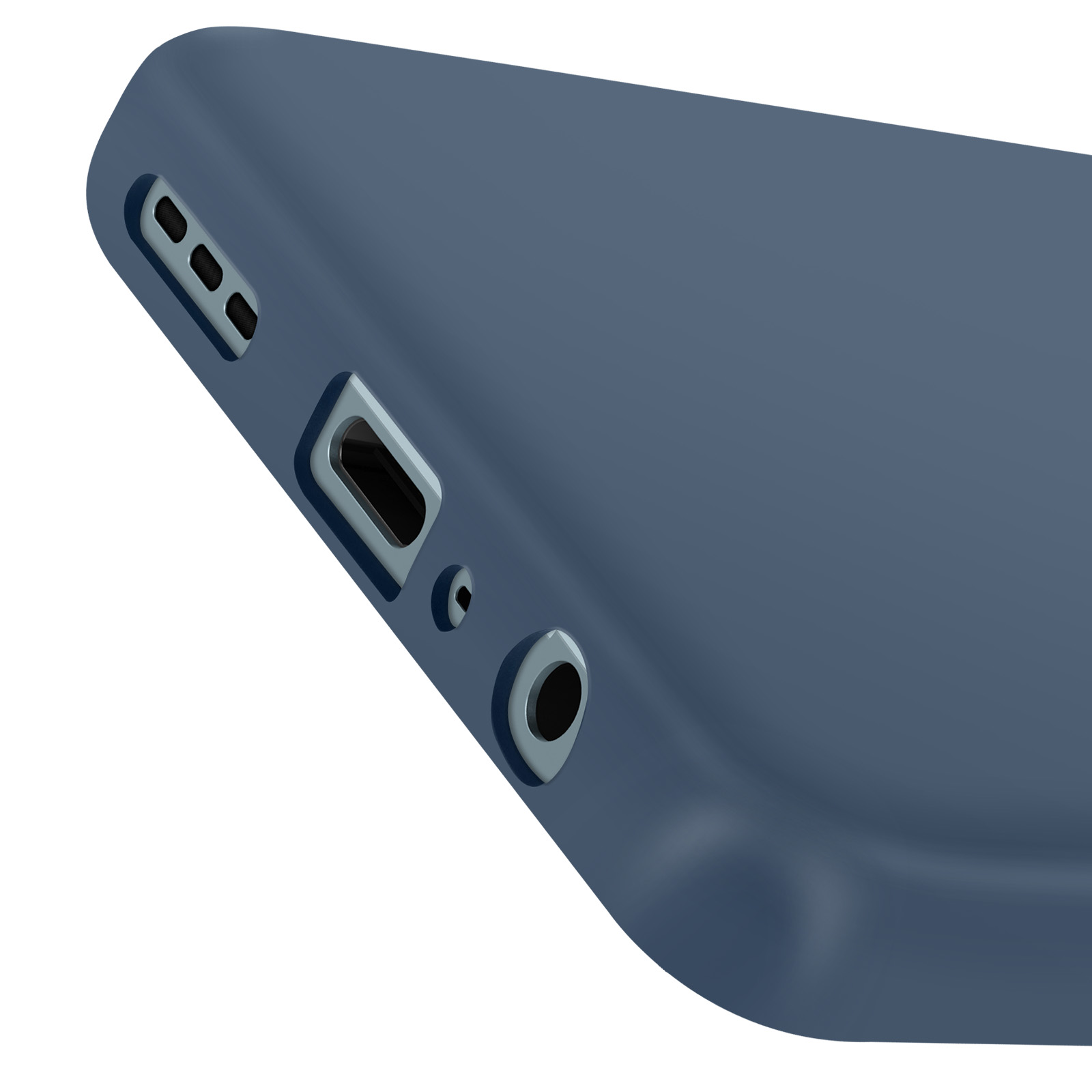 Primo piano della parte inferiore di una custodia per telefono blu scuro. Porte visibili.