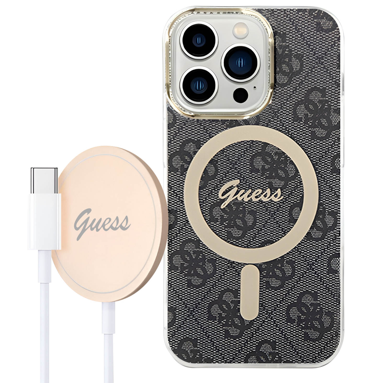 Custodia e caricabatterie con il logo Guess. La custodia ha un design a fantasia e un cerchio MagSafe.