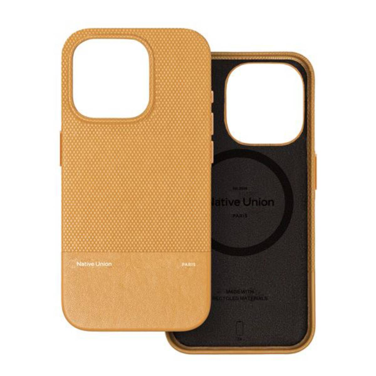 Custodia per telefono in due pezzi, una arancione, una nera, che mostra il design interno.