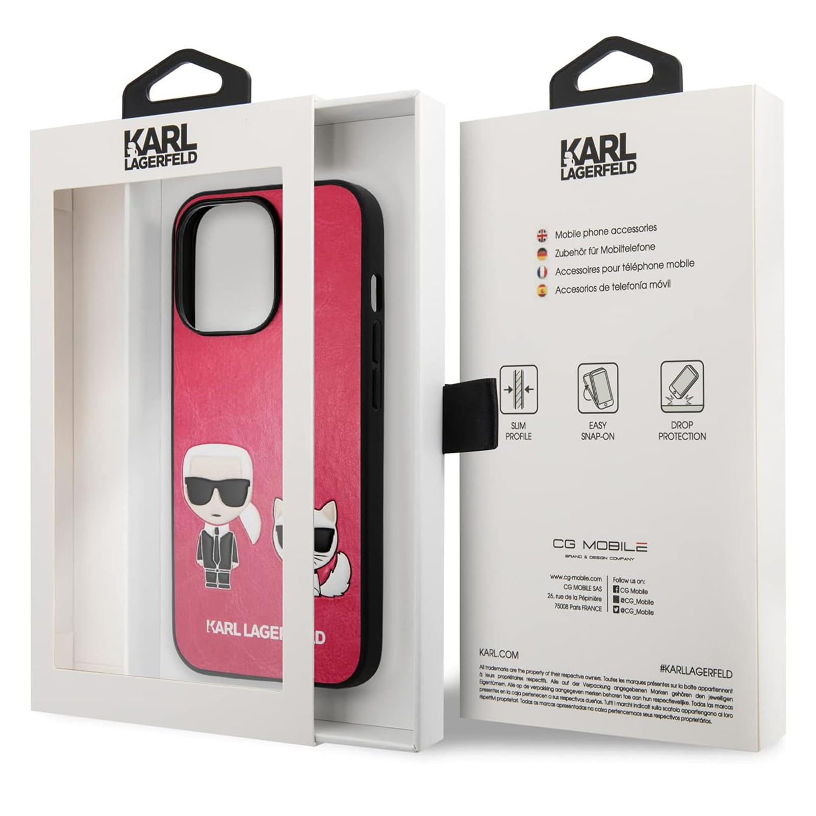 Confezione della custodia del telefono con un design Karl Lagerfeld. Mostra profilo sottile, facile aggancio, protezione dalle cadute.
