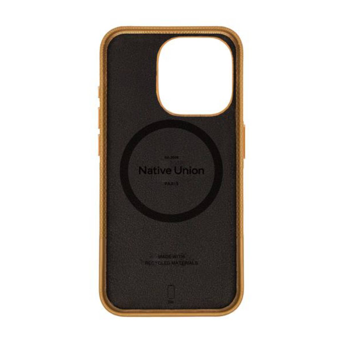 Interno della custodia del telefono. Marrone e nero. Il testo recita 'Native Union PARIS' con dettagli del materiale.