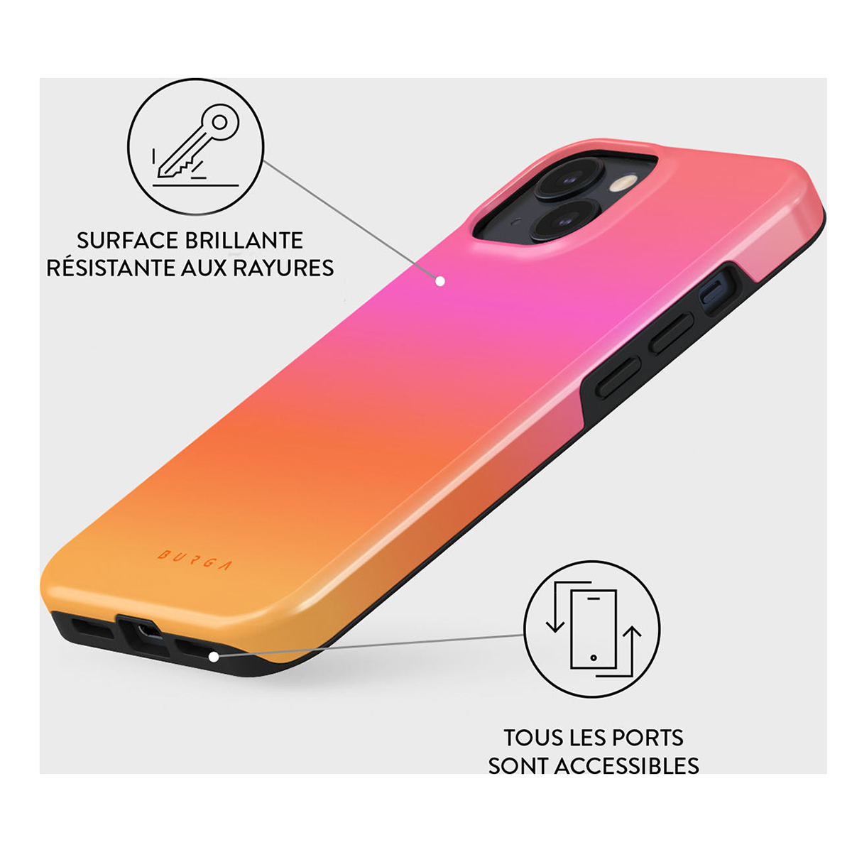 Telefoonhoes met oranje-roze verloop en tekst. Illustratieve sleutel- en toegangspoortpictogrammen zijn aanwezig.