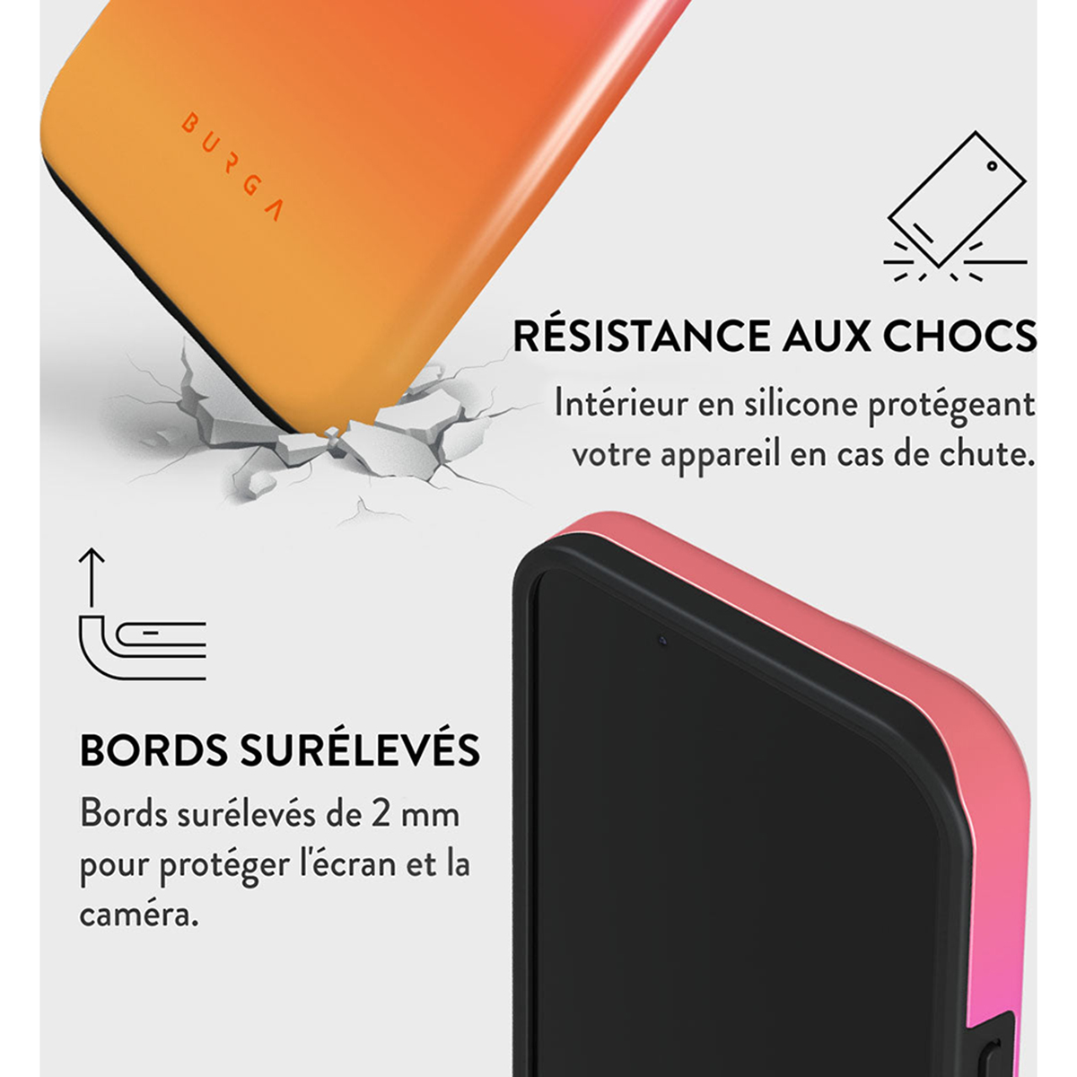 Telefoonhoesje met een oranje naar roze verloop, tekst en zwarte telefoon.