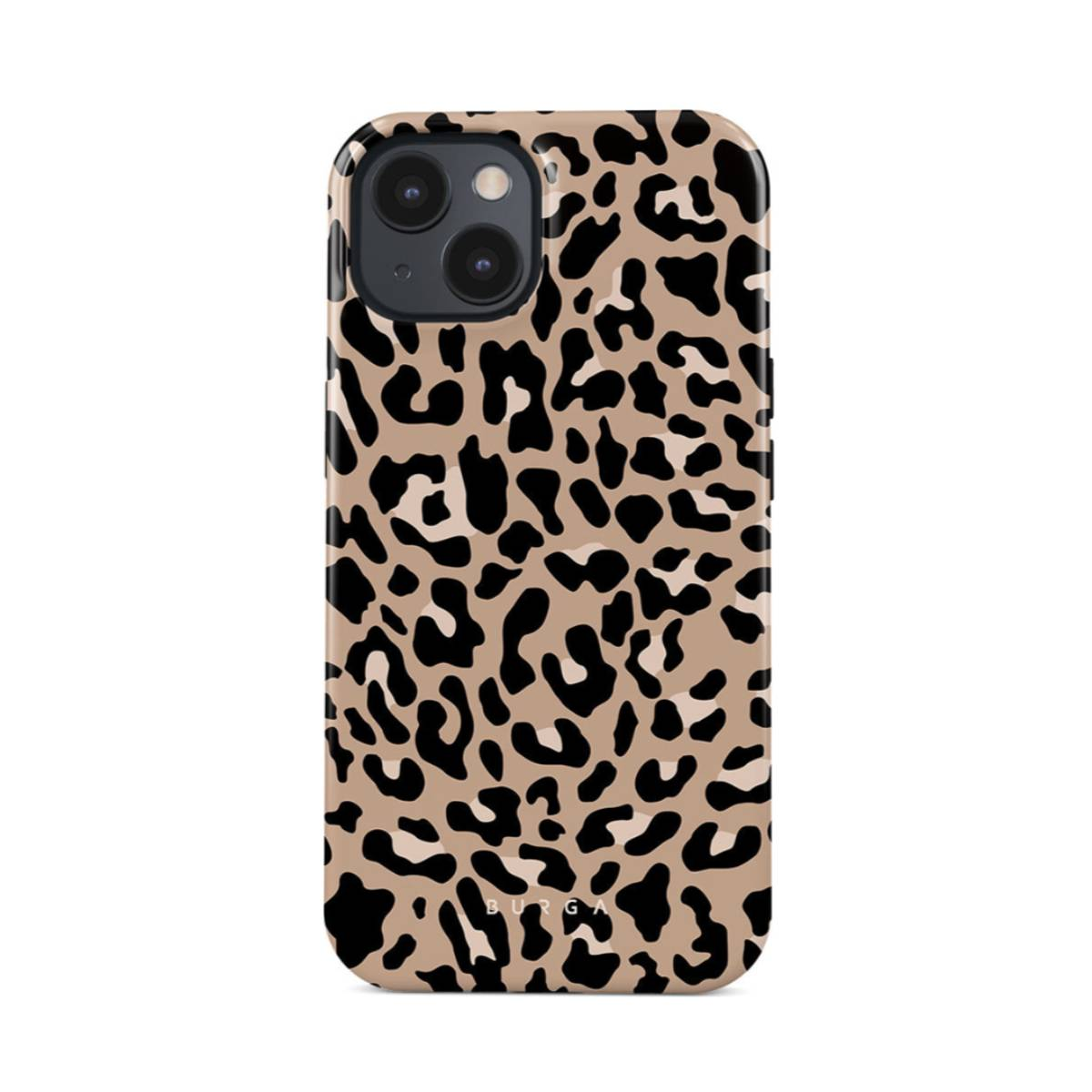Custodia con stampa leopardata, macchie nere su sfondo beige.
