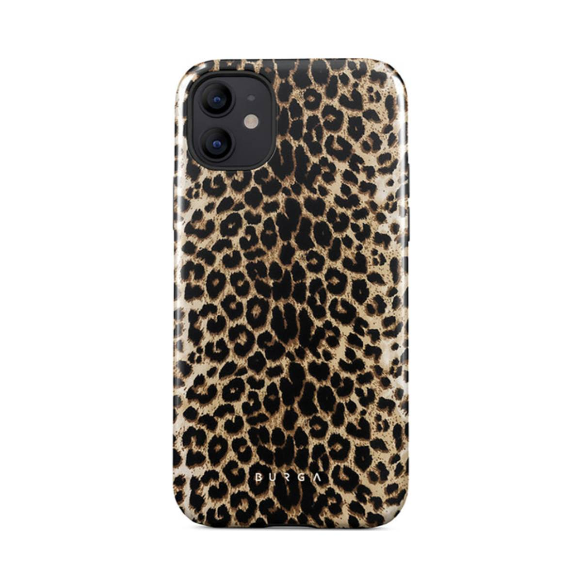 Telefoonhoes met luipaardprint. De hoes heeft een luipaardprint ontwerp. Witte achtergrond.