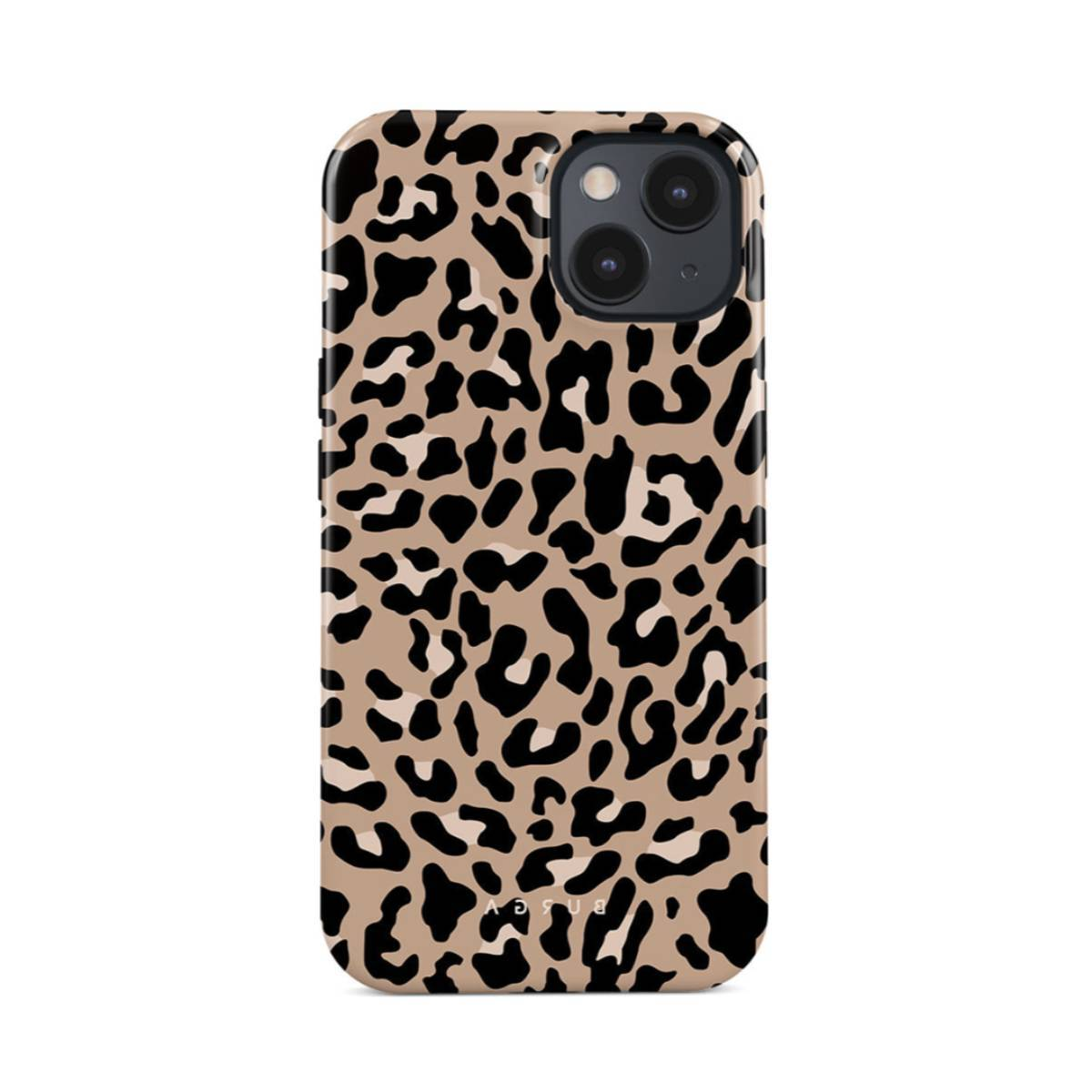 Custodia per telefono con stampa leopardata. Sfondo beige con macchie nere.
