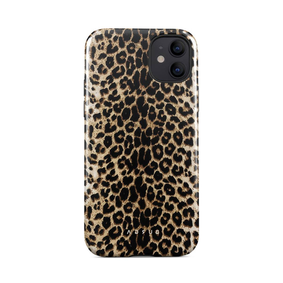 Telefoonhoesje met luipaardprint. Bruine en zwarte vlekken bedekken het oppervlak.